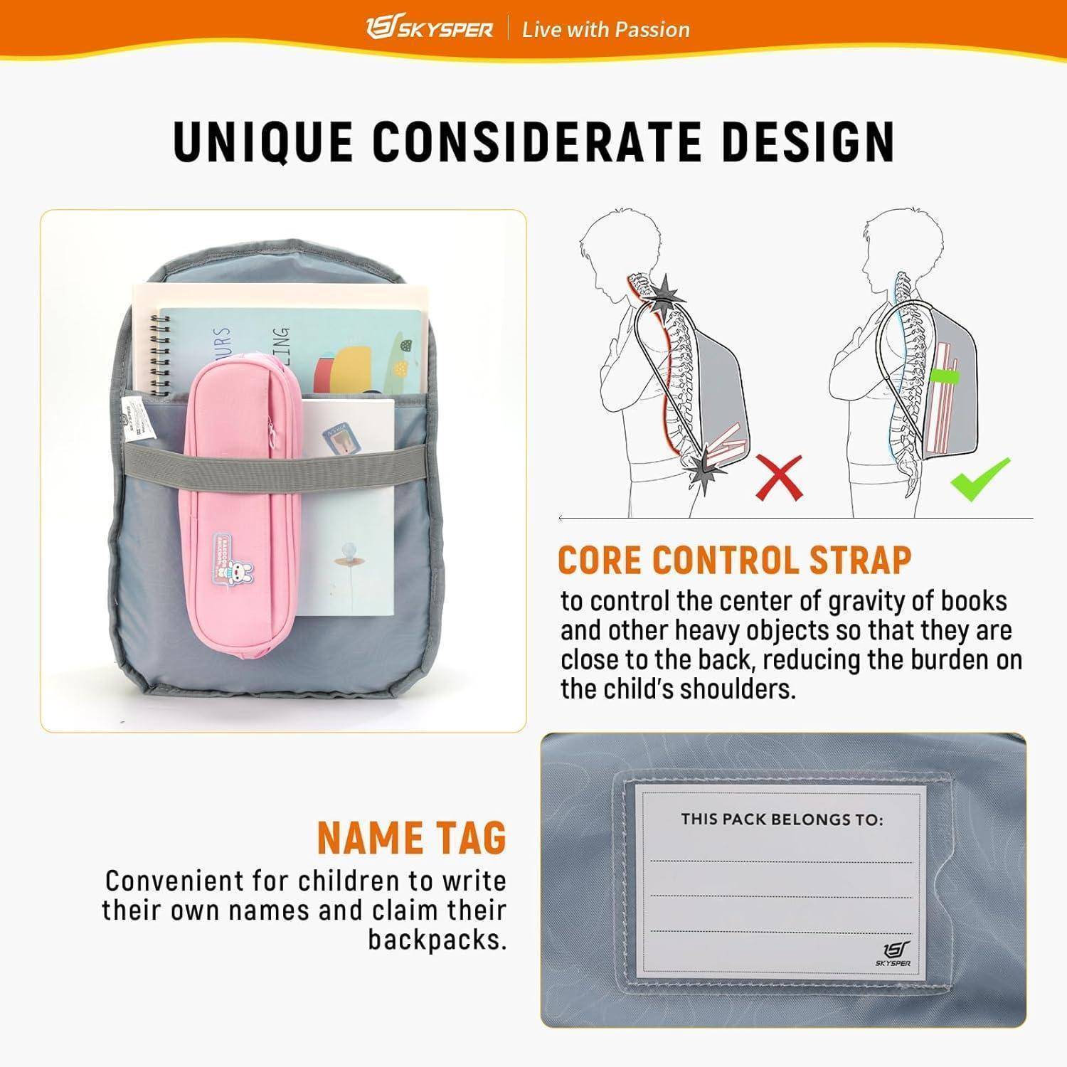 Rucksack mit 'einzigartigem rücksichtsvollem Design'. Ausgestattet mit einem rosa Mäppchen, Kernkontrollriemen zur Gewichtsverteilung und einem Namensschild.