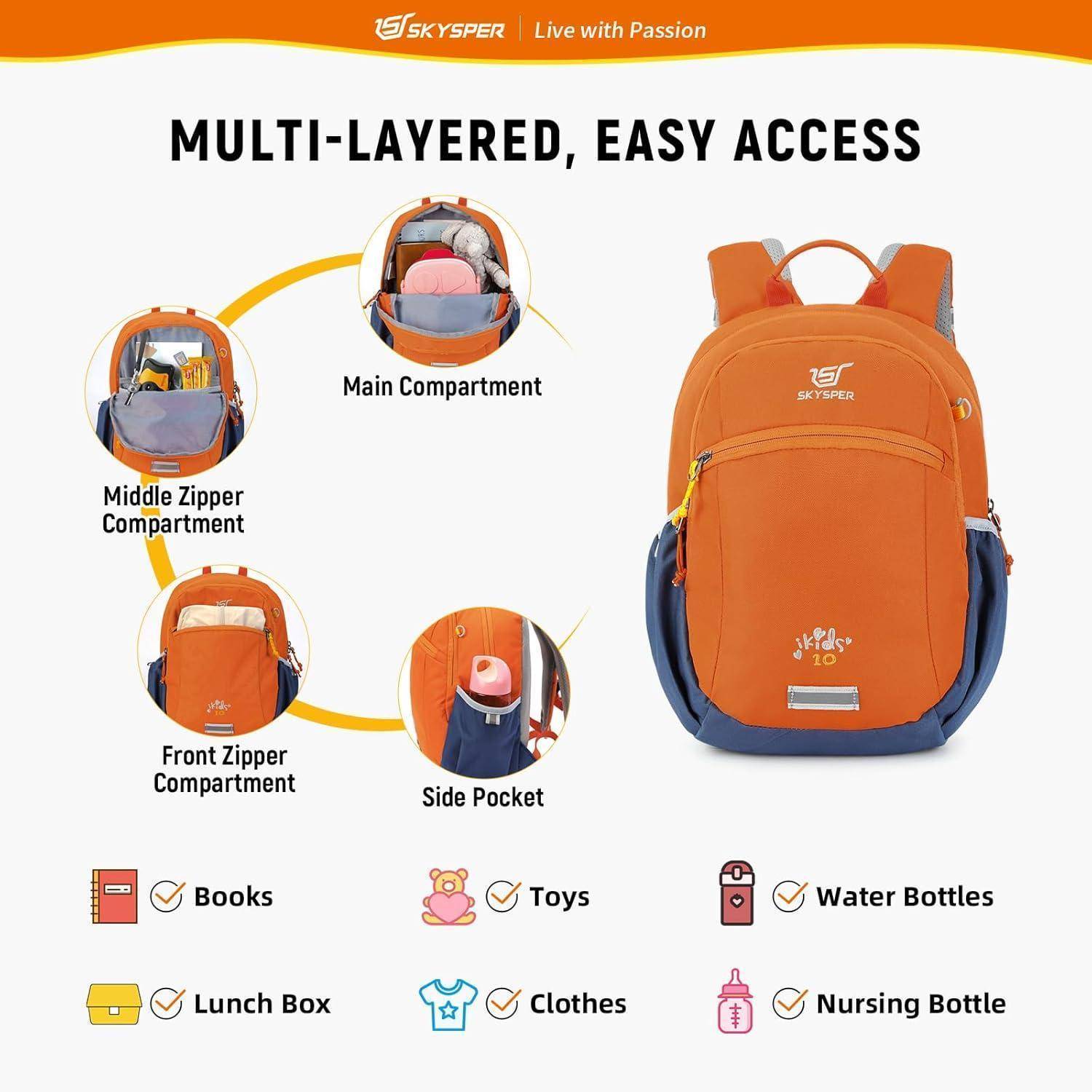 Kinderrucksack 10L Wanderrucksack Brustgurt Jungen Mädchen Orange