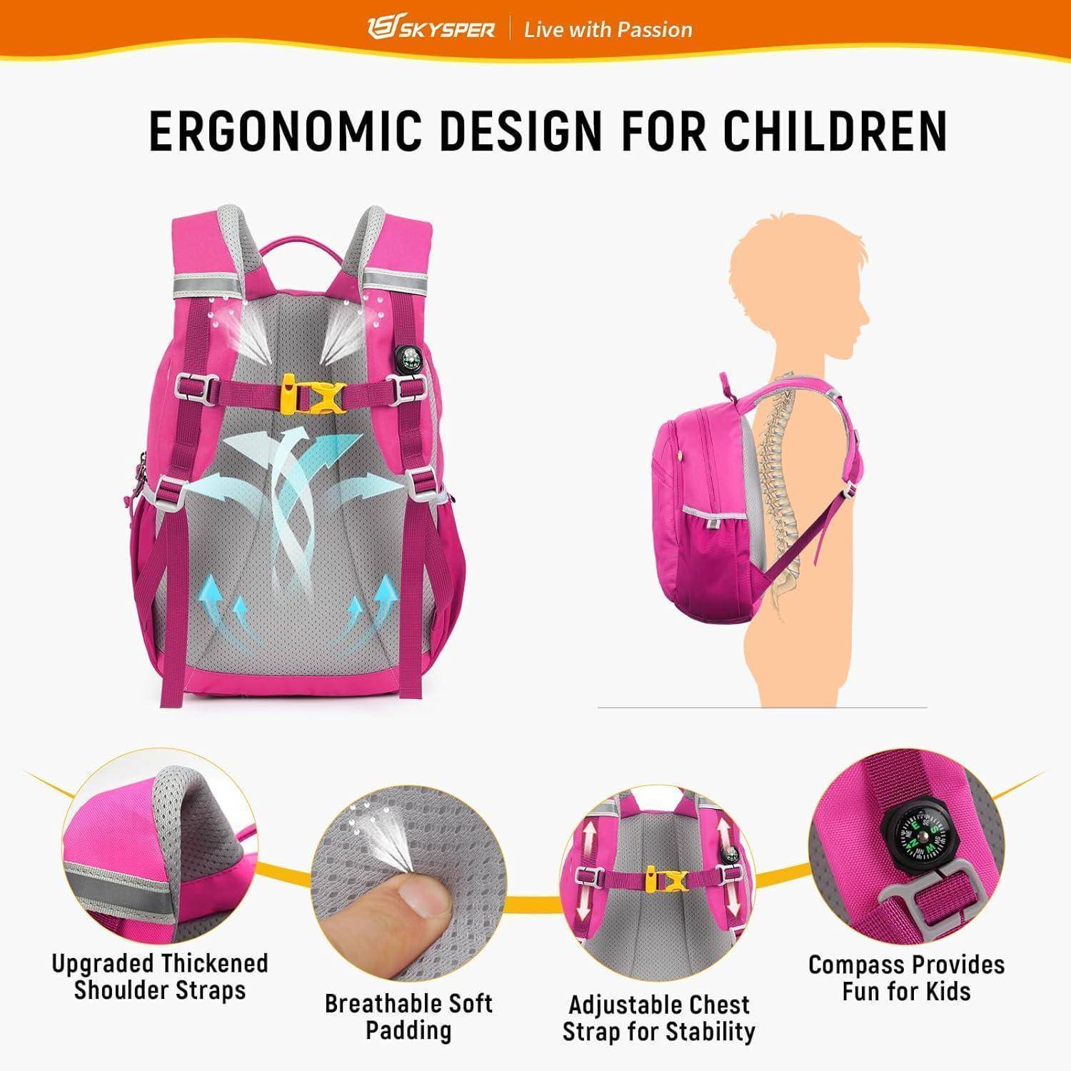 Ergonomisches Design für Kinder mit einem pinken Rucksack mit folgenden Merkmalen: verbesserte Schultergurte, weiche Polsterung, Brustgurt, Kompass.