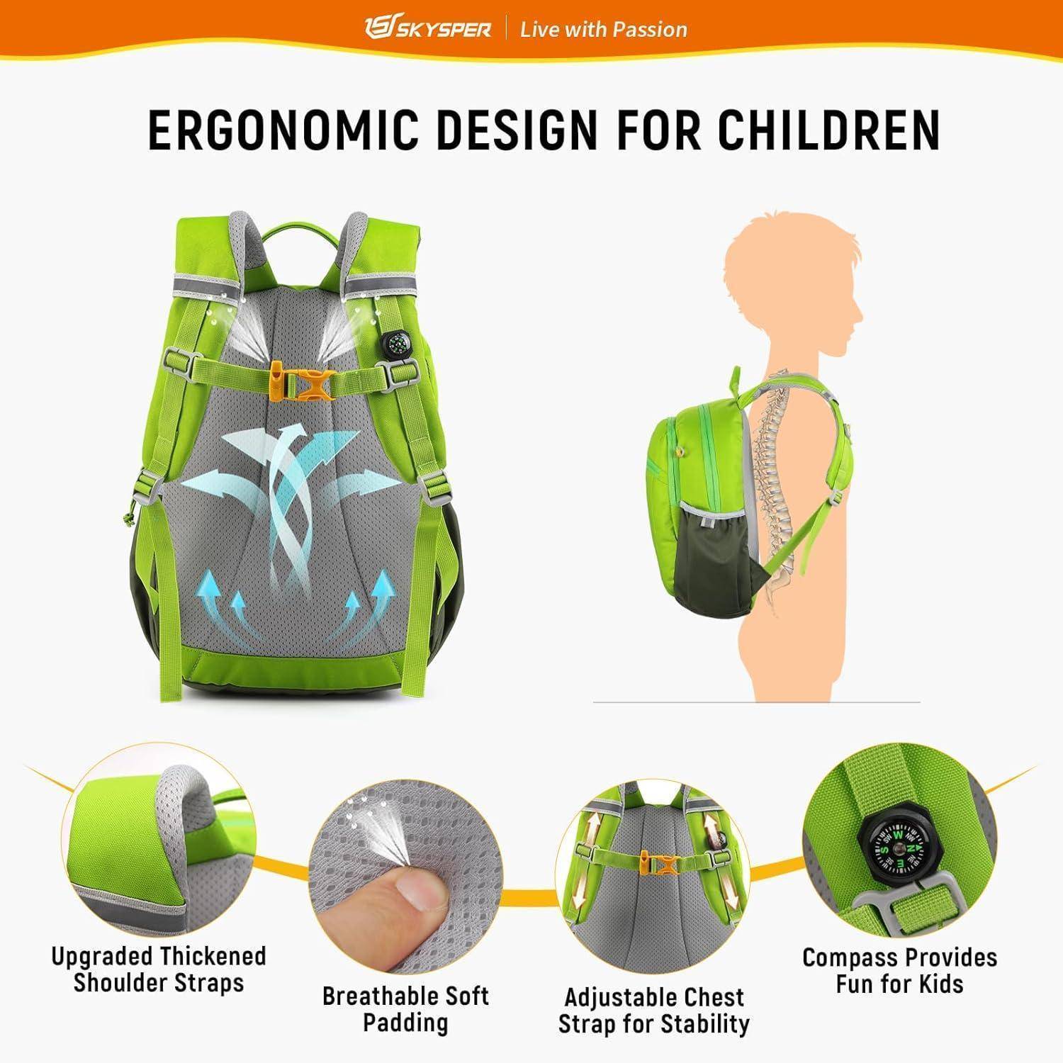 Kinderrucksack 10L Wanderrucksack Brustgurt Jungen Mädchen Apfelgrün