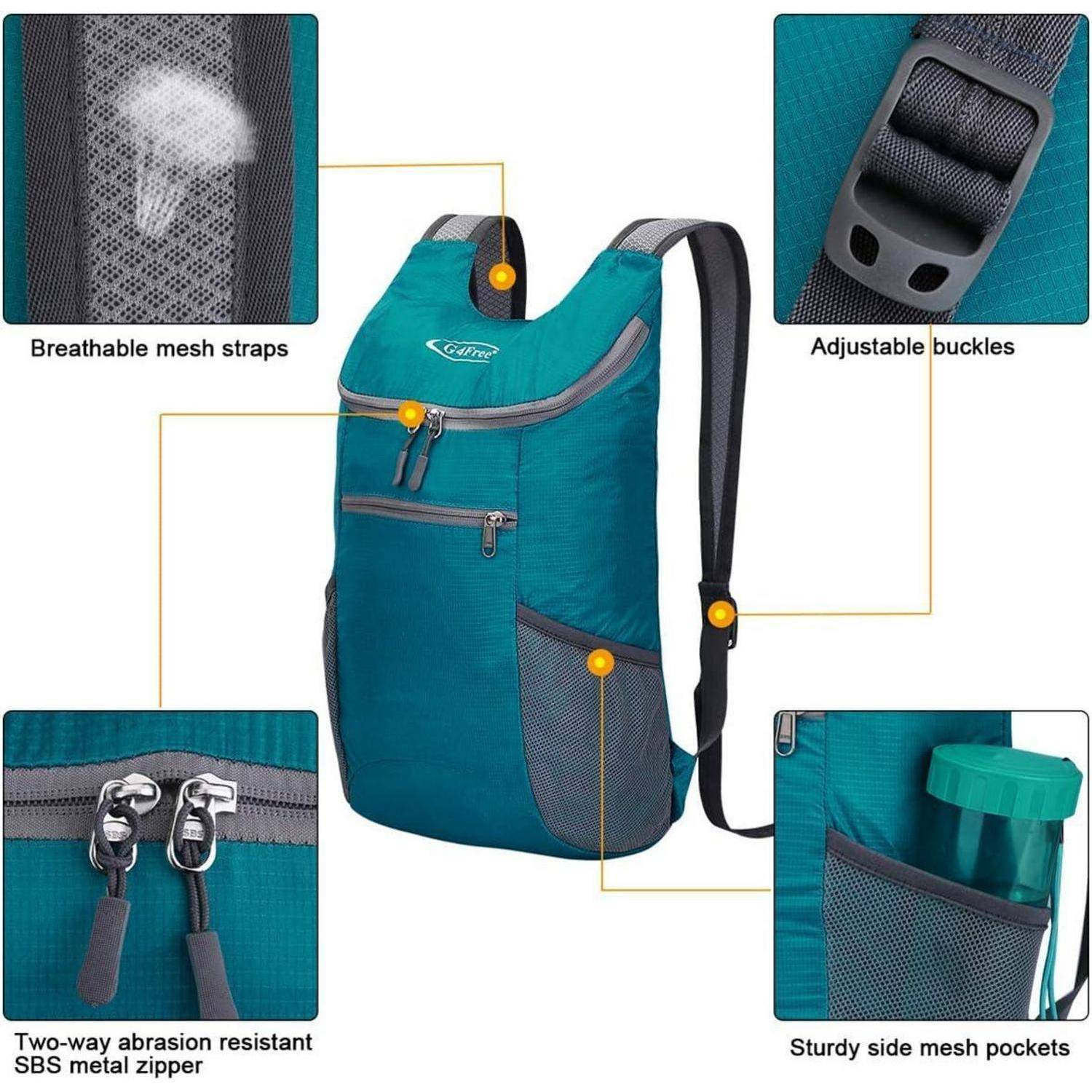 Ein türkisfarbener Rucksack verfügt über atmungsaktive Mesh-Riemen, verstellbare Schnallen, robuste seitliche Netztaschen und einen zweiwegigen, abriebfesten Metallreißverschluss.