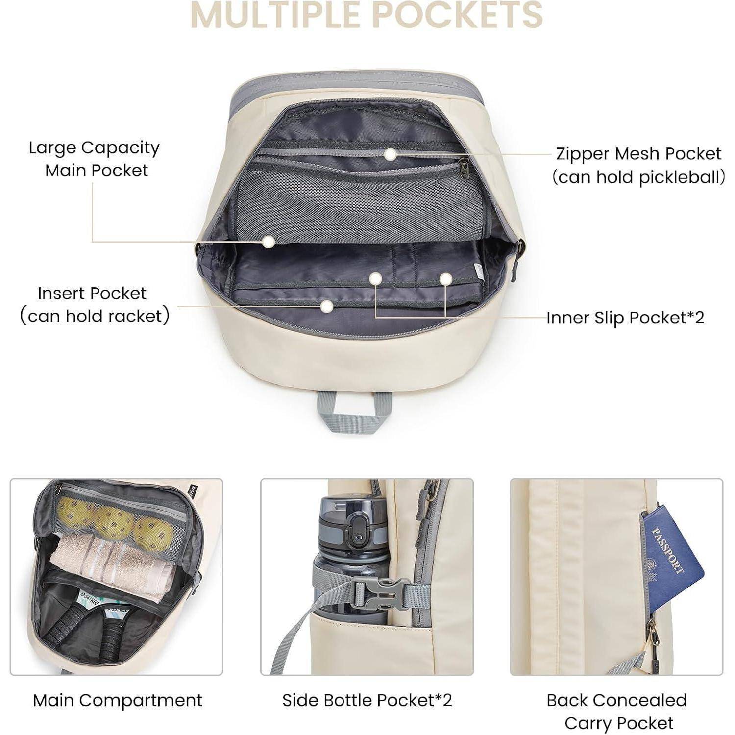 Rucksack mit mehreren Taschen: große Haupttasche, Einstecktasche, Netztasche und innere Schlitztaschen. Abbildungen zeigen Taschen mit verschiedenen Gegenständen.