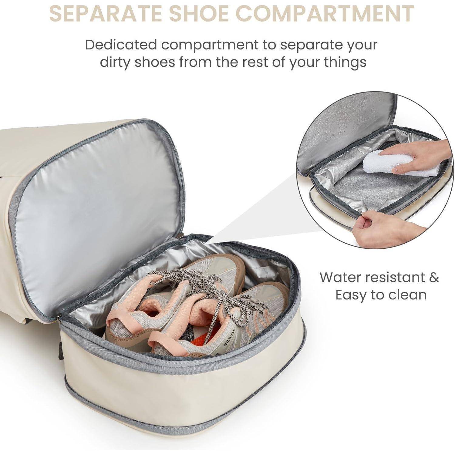 Tasche mit 'SEPARATEM SCHUHFACH', das Schuhe beherbergt. Einschub zeigt eine Hand, die das Innere abwischt, mit der Beschriftung 'Wasserabweisend & Leicht zu reinigen'.