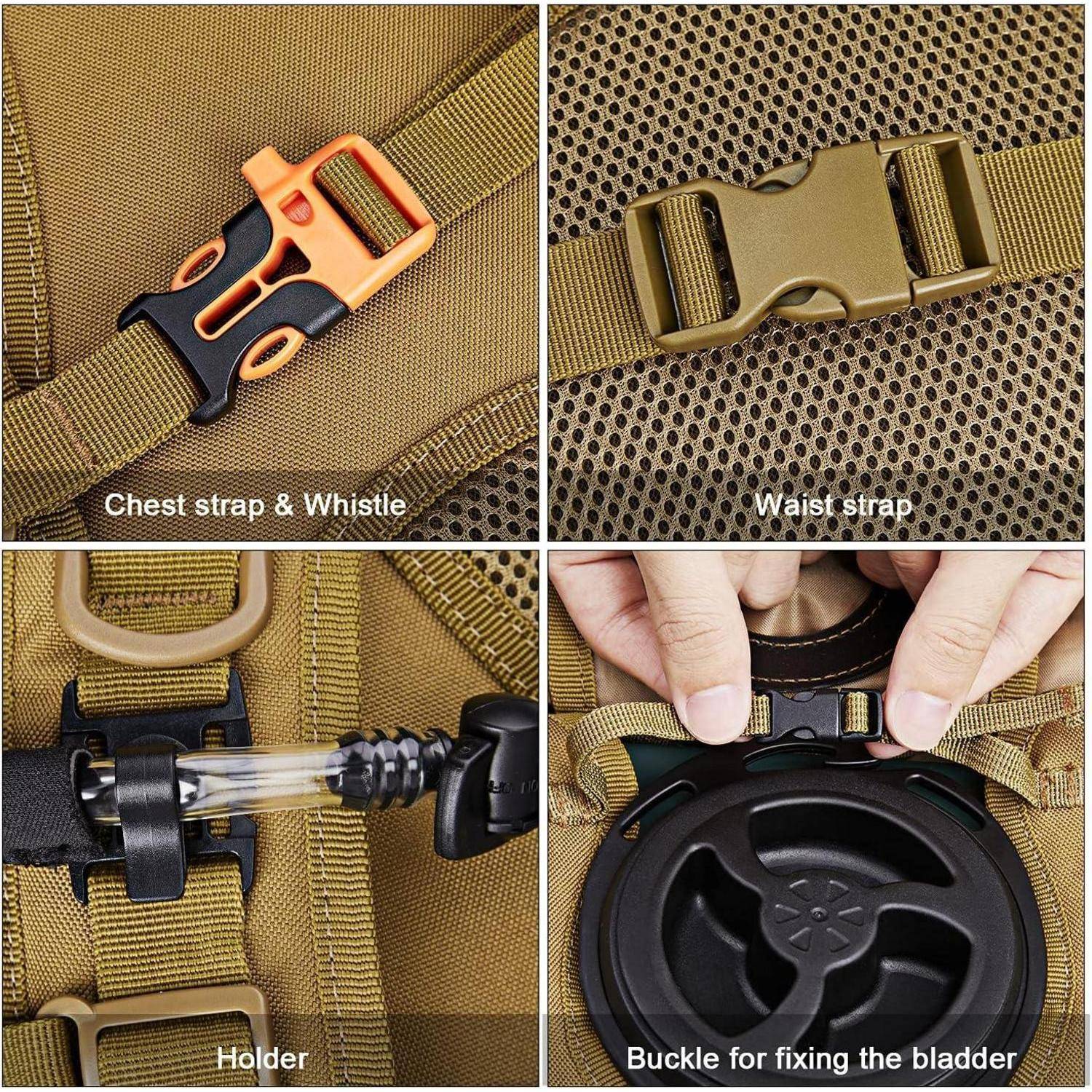 Vier Nahaufnahmen zeigen Details eines Rucksacks: Brustgurt mit Trillerpfeife, Hüftgurt, Halterung für einen Schlauch, Schnalle zum Befestigen eines Wasserbeutels.