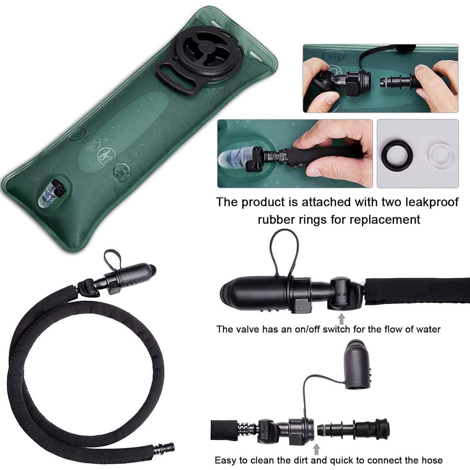Wasserbehälter-Set mit einer grünen Tasche und Schlauch, Komponenten wie wasserdichte Ringe, Ein-/Aus-Ventil und Reinigungsanweisungen für die Hydrierung.