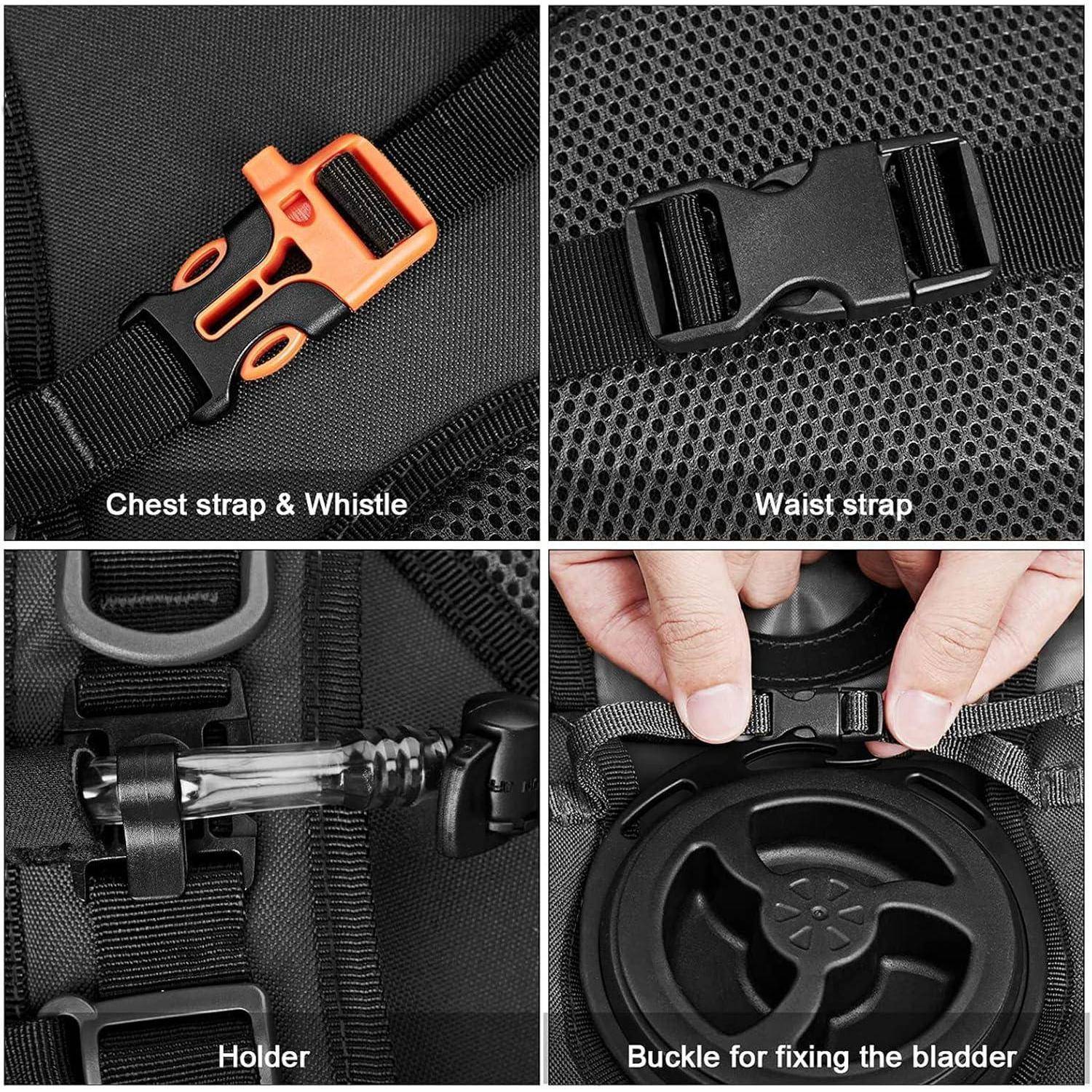 Nahaufnahme einer taktischen Weste mit vier Merkmalen: ein orangefarbener Brustgurt und Trillerpfeife, schwarzer Hüftgurt, Trinksystemhalterung und Befestigungsschnalle.