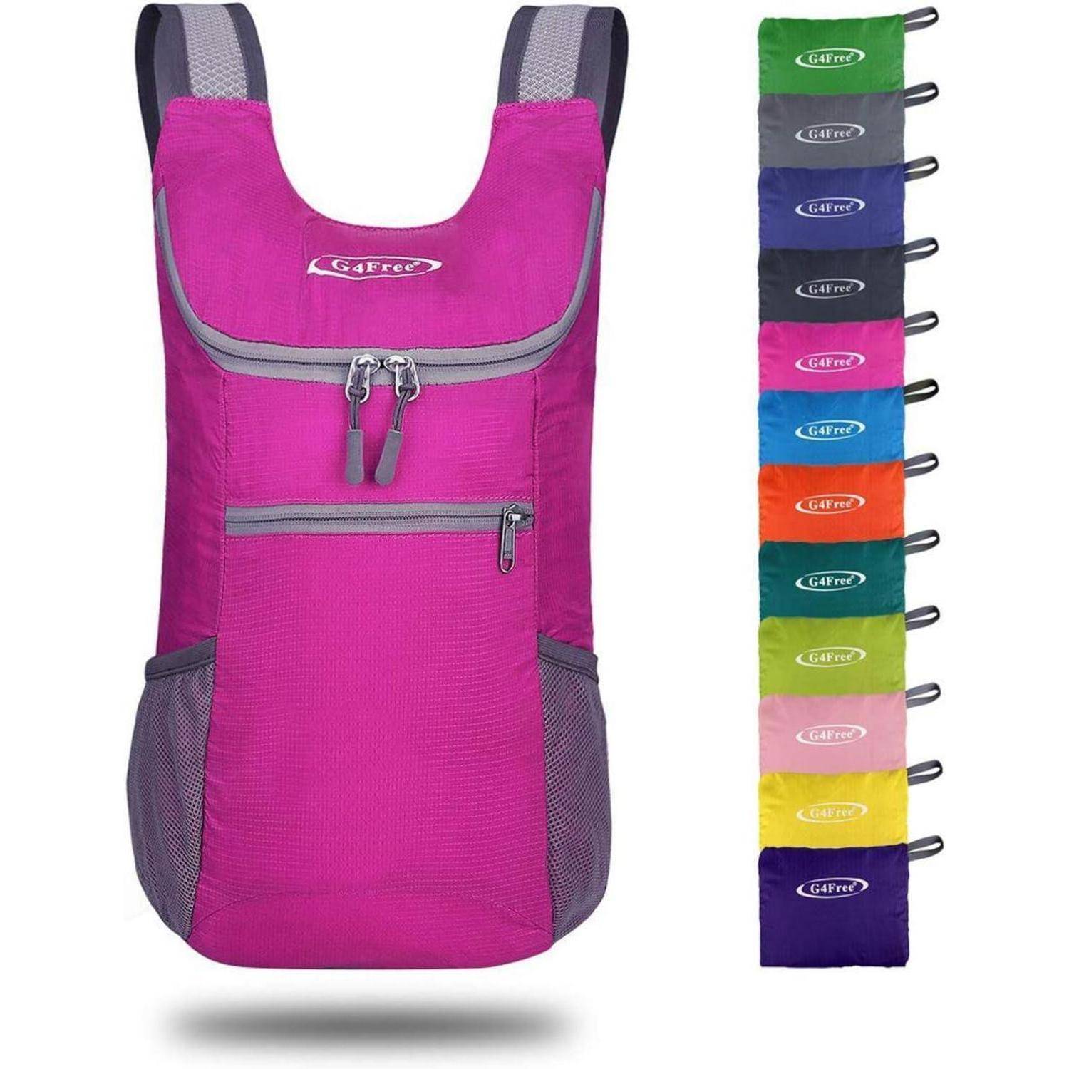 Rosa faltbarer Rucksack mit Vordertasche, zwei seitlichen Netztaschen und einem Reißverschluss oben. Präsentiert neben 11 Farboptionen, darunter Schwarz und Gelb.