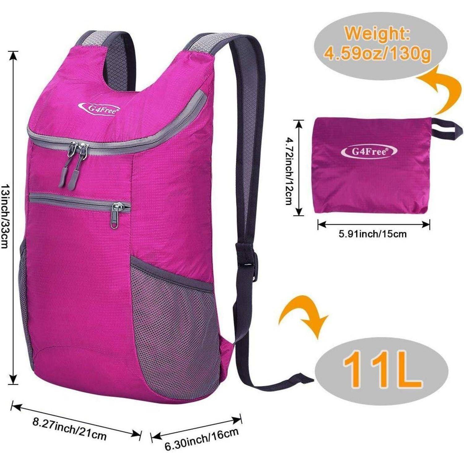 Rosa Rucksack, kompakt und zusammenpackbar. Text 'G4Free', Gewicht 4,59 oz/130 g, Kapazität 11 L. Abmessungen: 13 x 8,27 x 6,30 Zoll (33 x 21 x 16 cm).