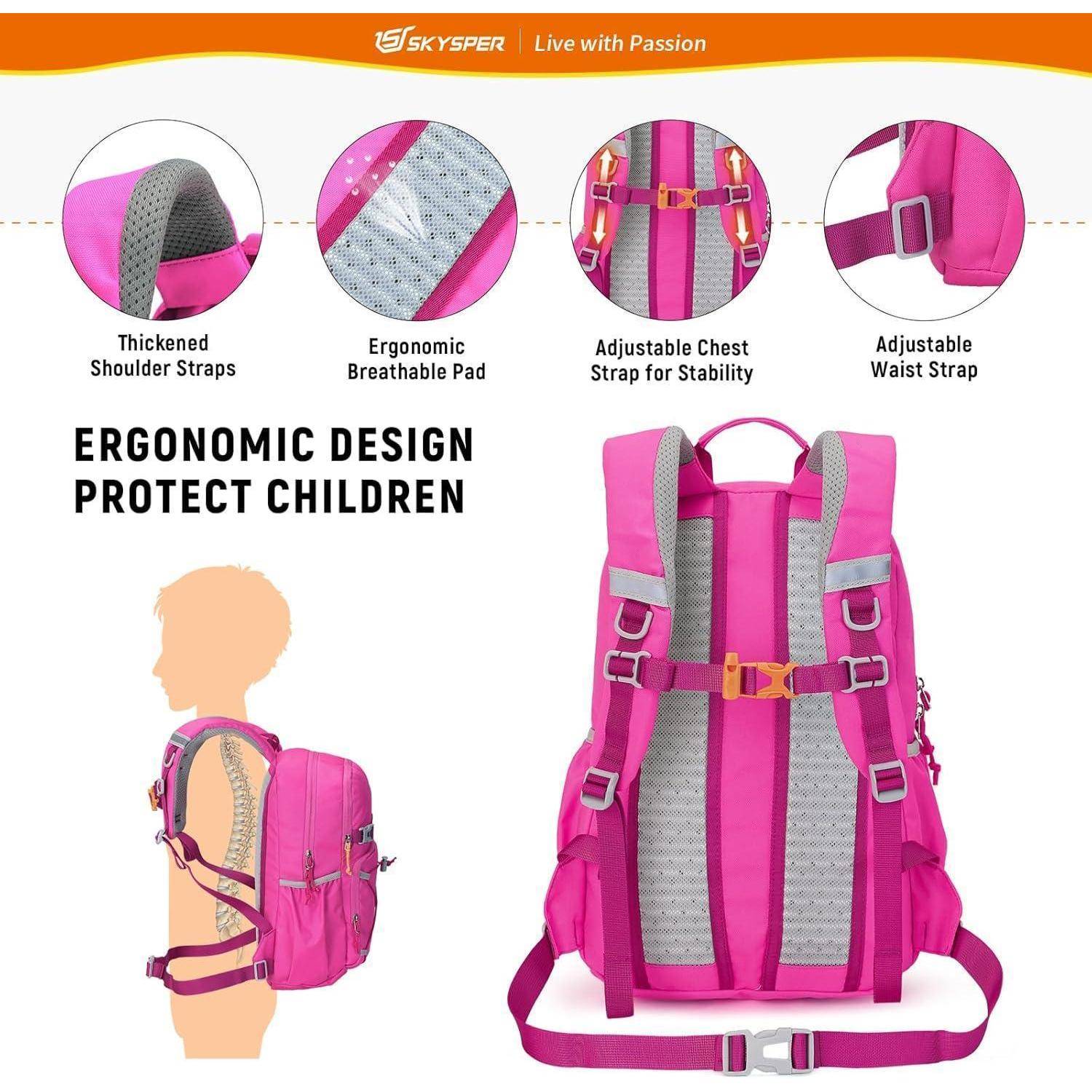 Rosa Kinderrucksack mit ergonomischem Design, gepolsterten Schultergurten, atmungsaktiver Polsterung, verstellbaren Brust- und Taillenriemen.