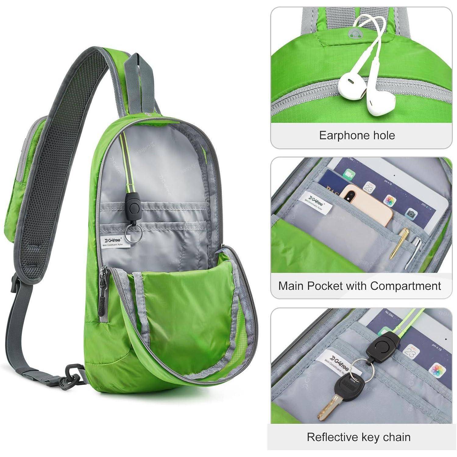 Grüner Rucksack mit Kopfhörerloch, Hauptfach mit Fächern für Handy und Geldbörse, reflektierender Schlüsselanhänger. Ideal für Reisen.