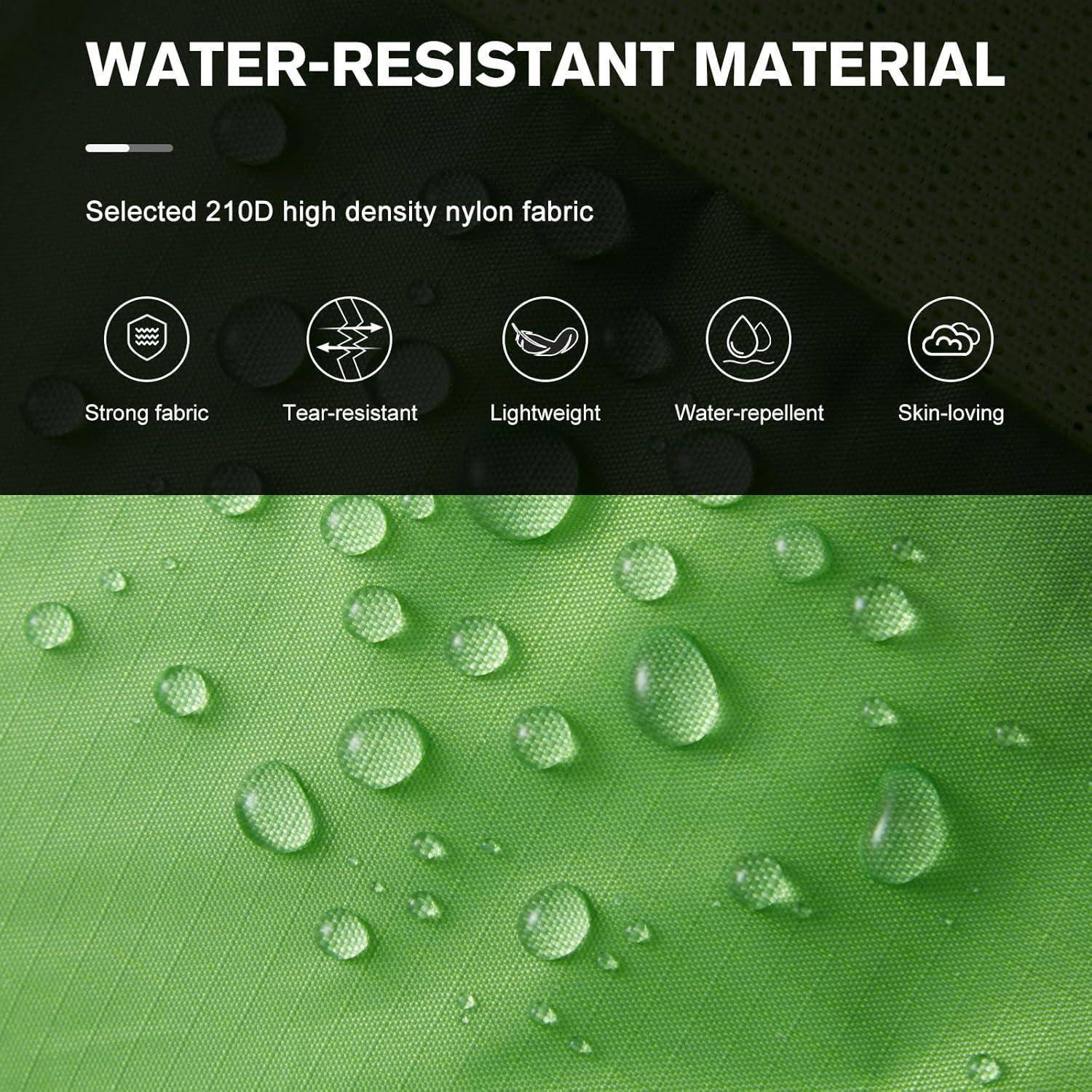 Förderung von ‚wasserdichtem Material' mit Hervorhebung des ausgewählten 210D hochdichten Nylongewebes. Merkmale umfassen: robust, reißfest, leicht, wasserabweisend und hautfreundlich.