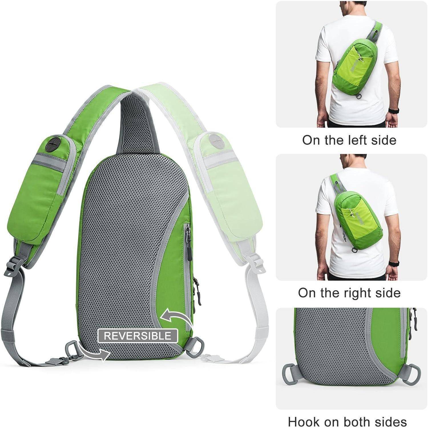 Grüne Umhängetasche mit reversibler Trageweise. Inklusive Optionen zum Tragen auf der linken und rechten Seite mit Haken an beiden Seiten für Vielseitigkeit.