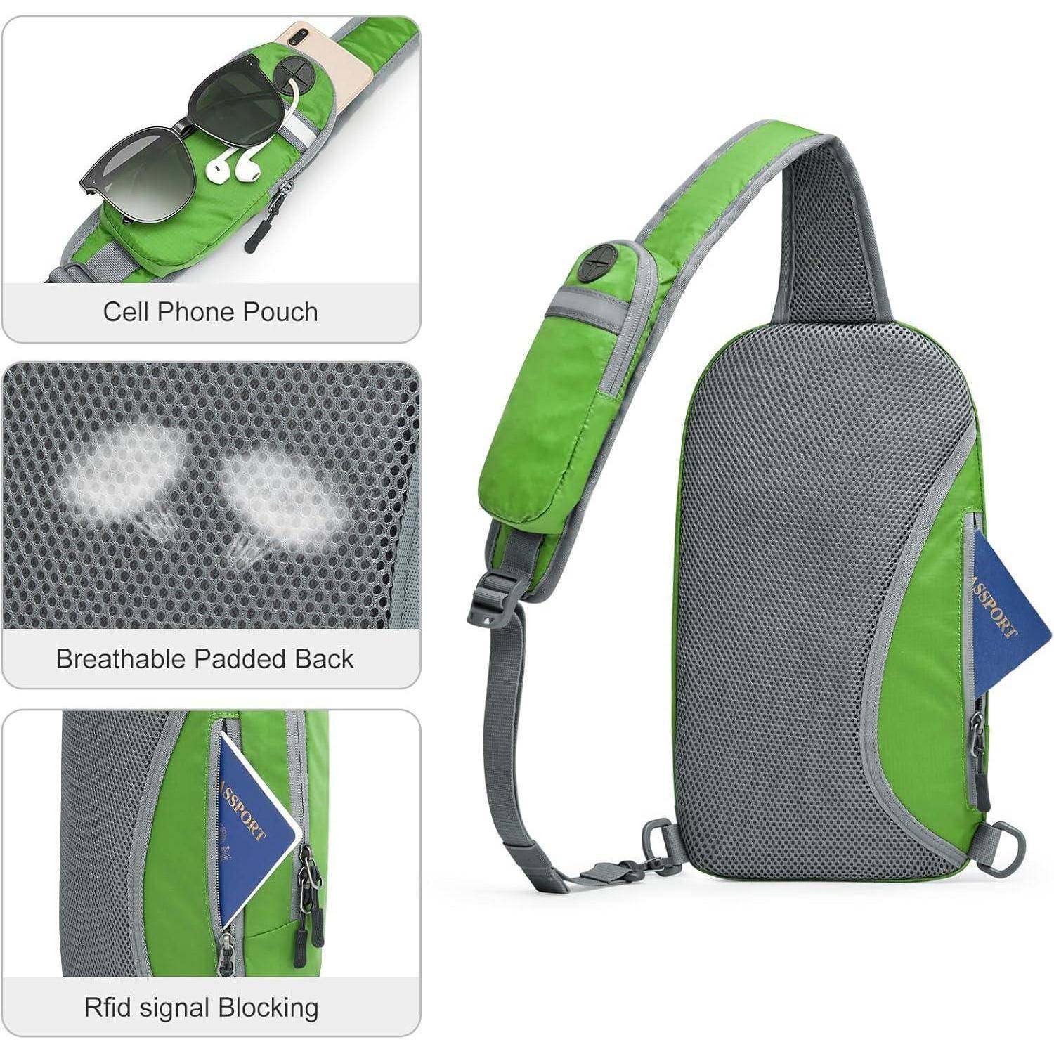 Ein grün-grauer Schultertasche-Rucksack mit einer Handytasche, atmungsaktiver gepolsterter Rückseite und RFID-signalblockierenden Eigenschaften.