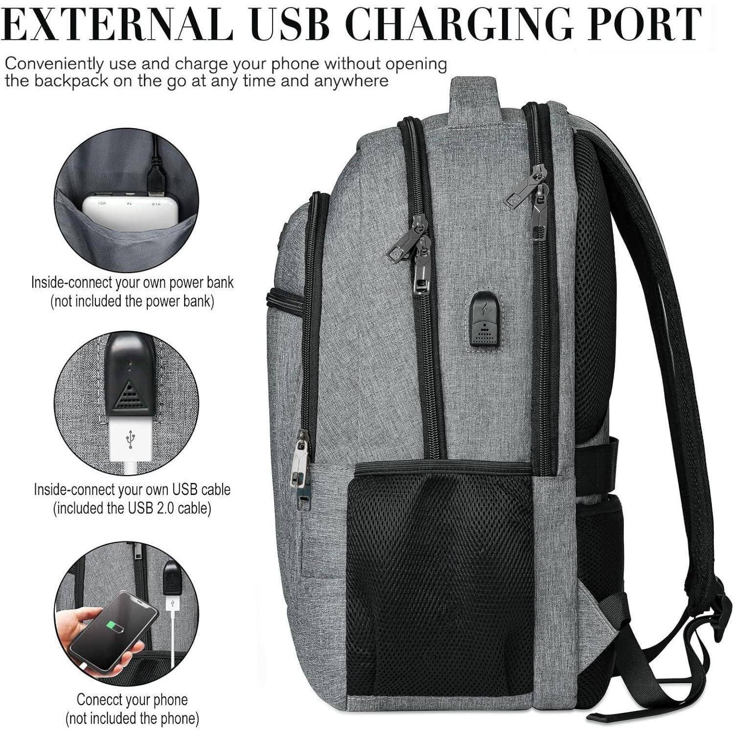 Rucksack mit externem USB-Ladeanschluss, der das Aufladen des Telefons ohne Öffnen ermöglicht. Ausgestattet mit einem Handytasche und Anschluss für eine Powerbank im Inneren.