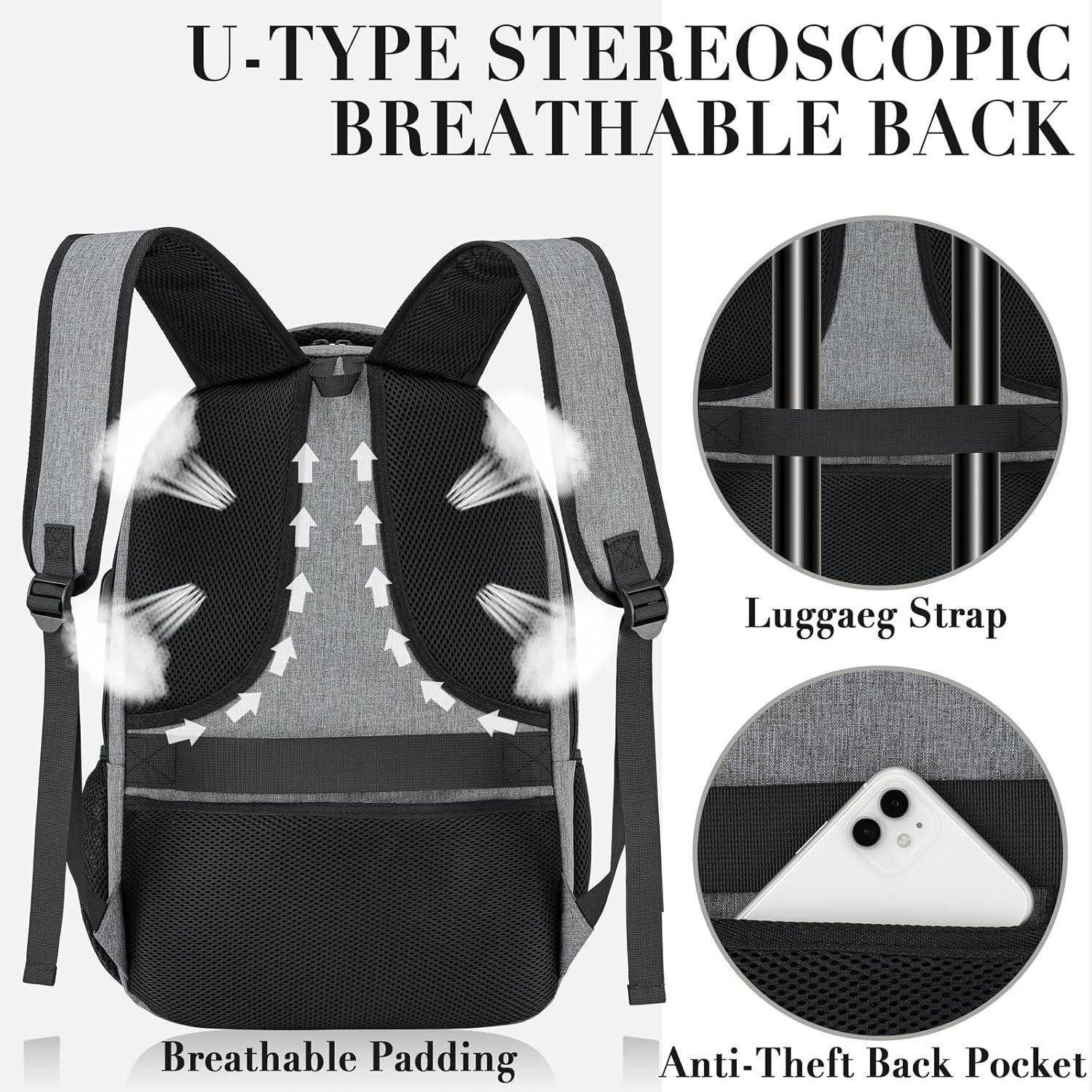 Rucksack mit 'U-Typ stereoskopischer atmungsaktiver Rückseite', zeigt atmungsaktive Polsterung. Mit Gepäckgurt und diebstahlsicherer Rückentasche.