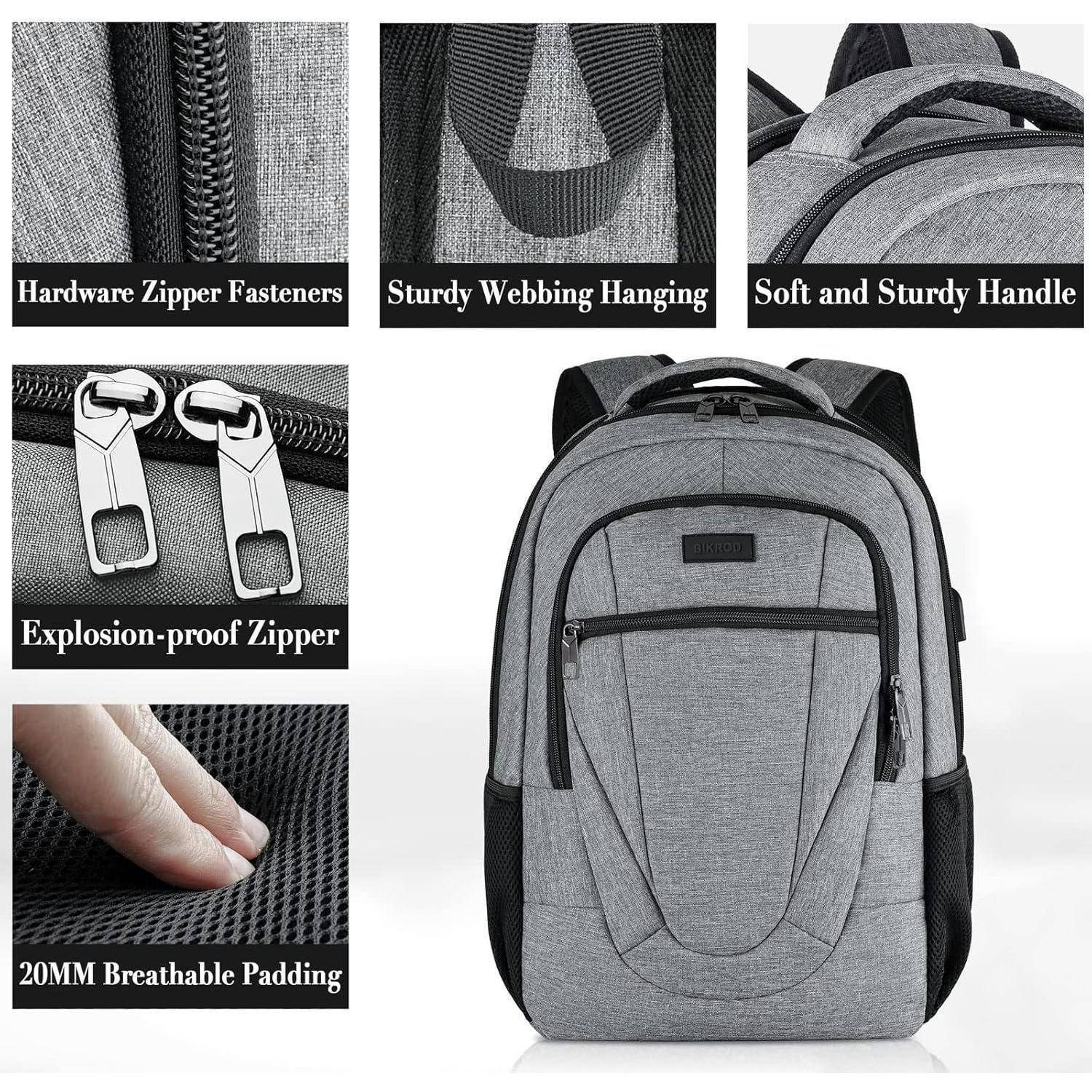 Grauer Rucksack mit mehreren Funktionen: 'Hardware-Reißverschluss-Befestigungen', 'Robuste Webbing-Aufhängung', 'Weicher und robuster Griff', 'Explosionssicherer Reißverschluss' und '20MM atmungsaktive Polsterung'.