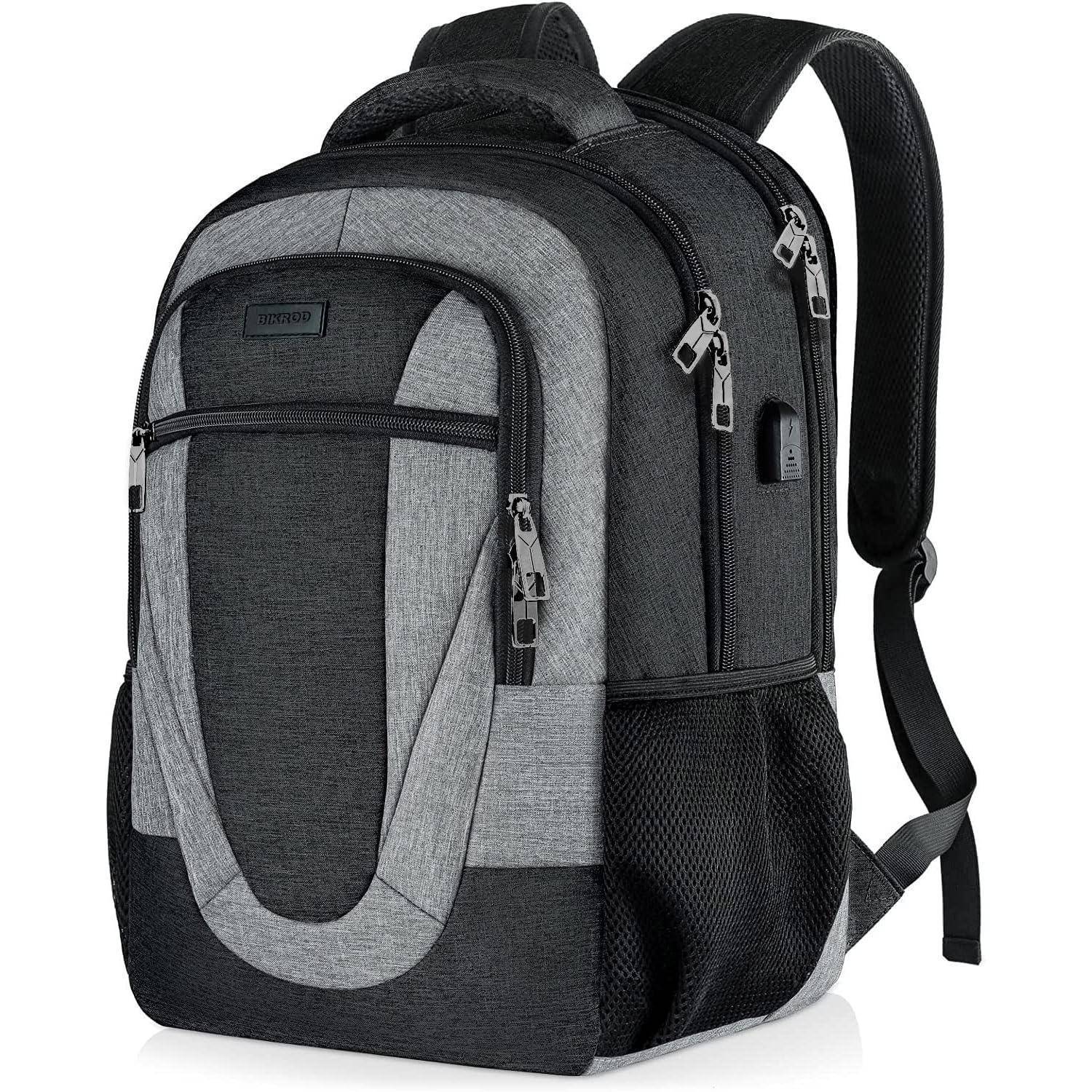 Ein grau-schwarzer Rucksack mit mehreren Reißverschluss-Fächern und seitlichen Mesh-Taschen, konzipiert für Reisen oder den täglichen Gebrauch.