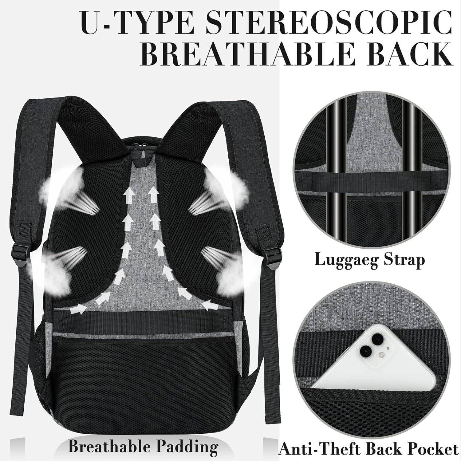 Rucksack mit 'U-Typ stereoskopischer atmungsaktiver Rückseite'. Merkmale umfassen atmungsaktive Polsterung, Gepäckgurt und diebstahlsicheres Rückenfach.