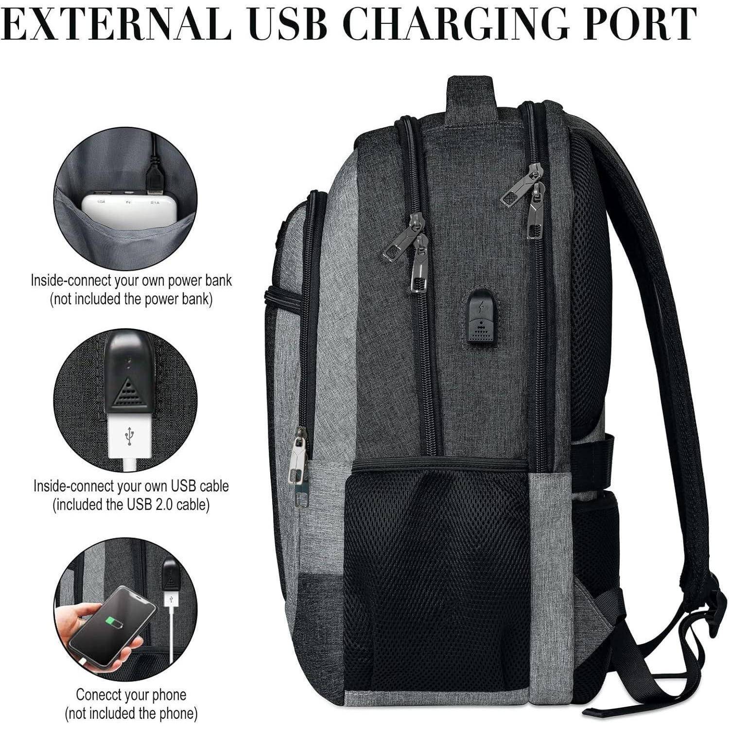 Rucksack mit externem USB-Ladeanschluss. Bild zeigt Schritte: Powerbank im Inneren anschließen, USB-Kabel einstecken, Handy aufladen.