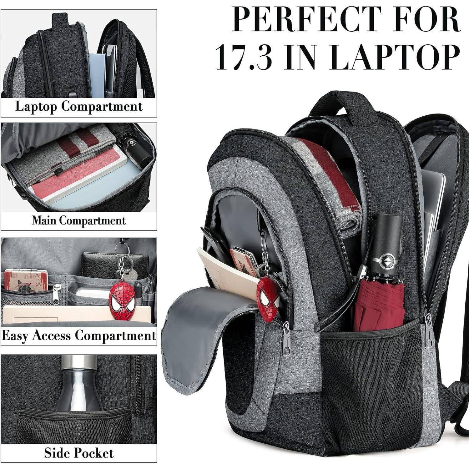 Schwarzer und grauer Rucksack mit mehreren Fächern: Laptopfach, Hauptfach, leicht zugängliches Fach und Seitentasche. Text lautet: „Perfekt für 17,3-Zoll-Laptop