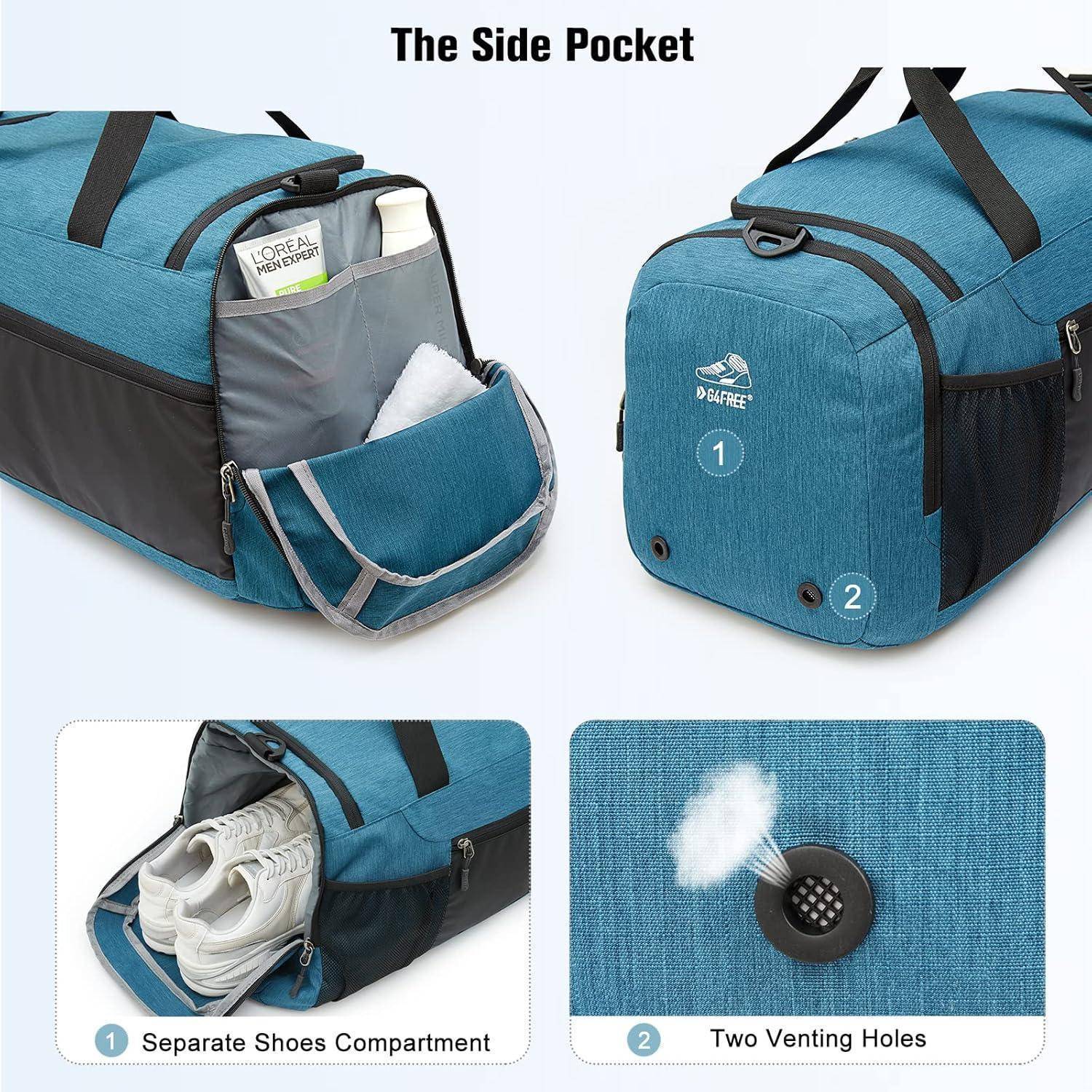 Blauer Sporttasche mit 'Separatem Schuhfach' zum Verstauen von Turnschuhen und 'Zwei Belüftungslöchern' für Luftzirkulation. Seitentasche zur Aufbewahrung von Kleinutensilien.
