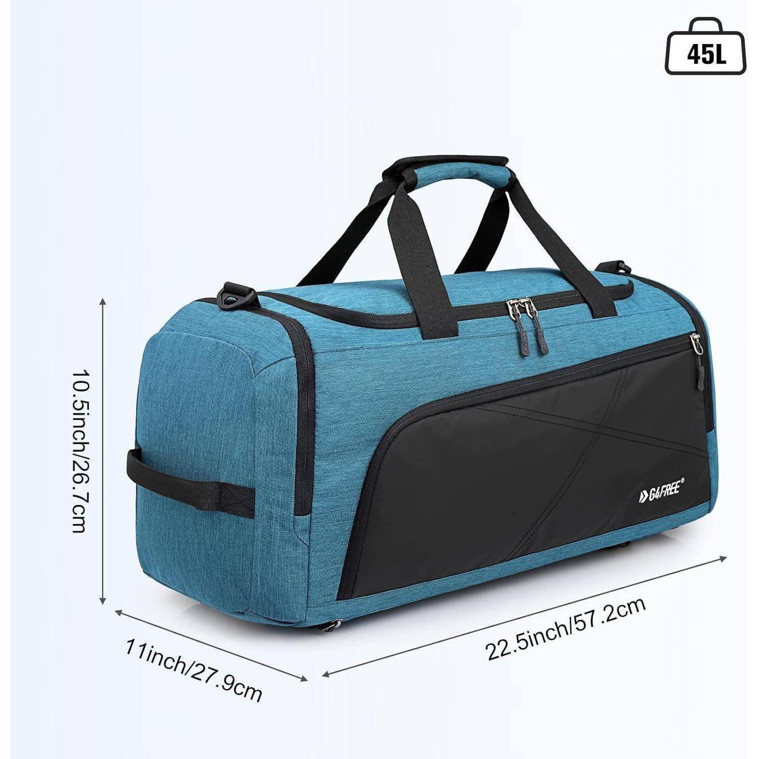 Blau-schwarze Reisetasche mit Griff und Schulterriemen. Maße: 22,5x11x10,5 Zoll. Volumen: 45 Liter.