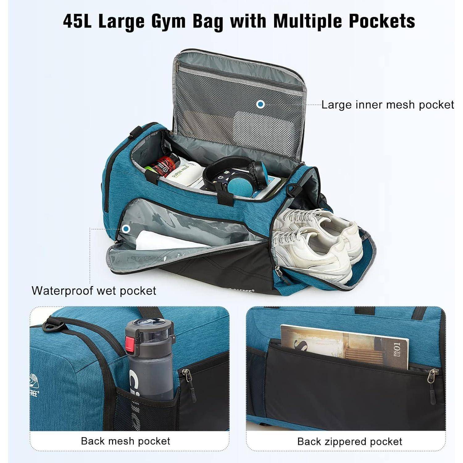 Große Sporttasche mit mehreren Fächern, einschließlich einer großen inneren Netztasche, wasserdichter Nasstasche und hinterer Reißverschlusstasche. Ideal zum Organisieren von Sportausrüstung.