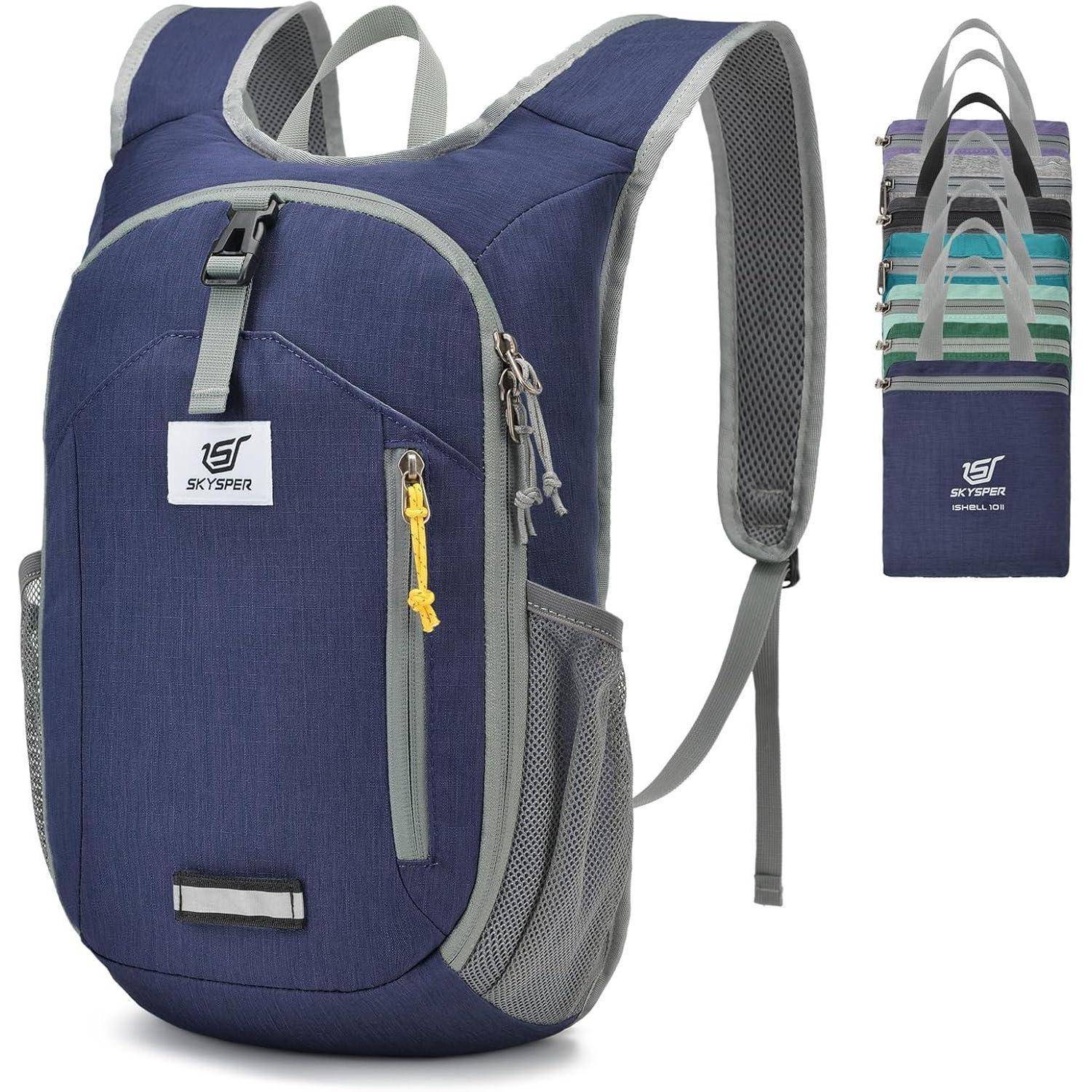 Ein blauer und grauer Rucksack mit mehreren Reißverschlussfächern und einem Logo auf der Vorderseite. Enthält ein kleines Bild mit vier weiteren Farboptionen.