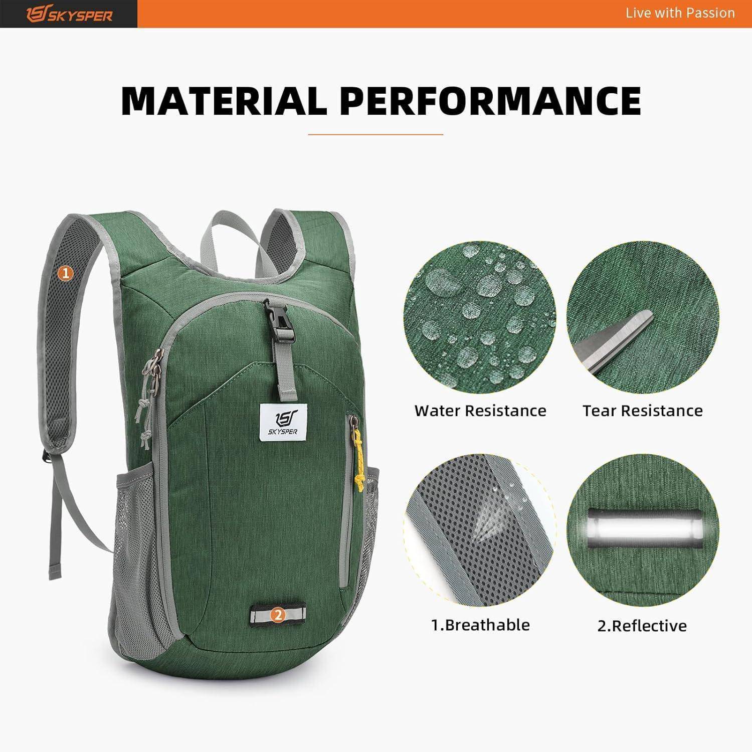 Rucksack mit Merkmalen: ‚Wasserbeständigkeit', ‚Reißfestigkeit'. Eingesetzte Bilder zeigen Schlüsselattribute: atmungsaktives und reflektierendes Material.