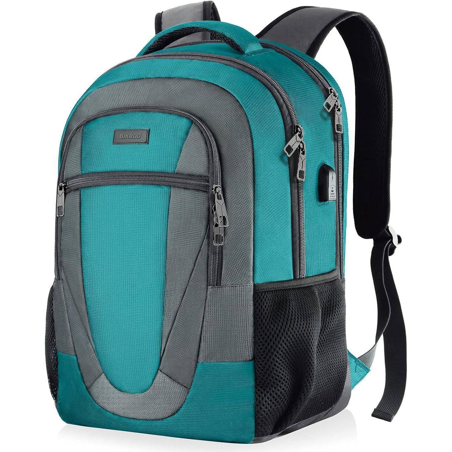 Ein petrol- und grauer Rucksack mit mehreren Reißverschlussfächern und seitlichen Netztaschen. Der Rucksack verfügt über gepolsterte Schultergurte für erhöhten Tragekomfort.