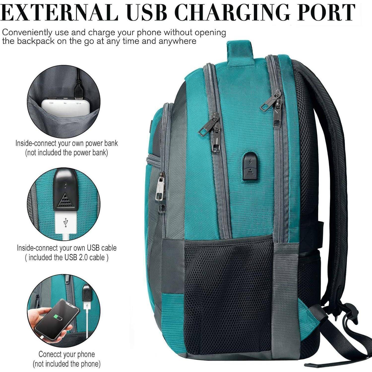 Ein türkisfarbener Rucksack mit externer USB-Ladebuchse, Seitentaschen und Reißverschlüssen. Text erklärt, wie man eine Powerbank und ein Handy anschließt.