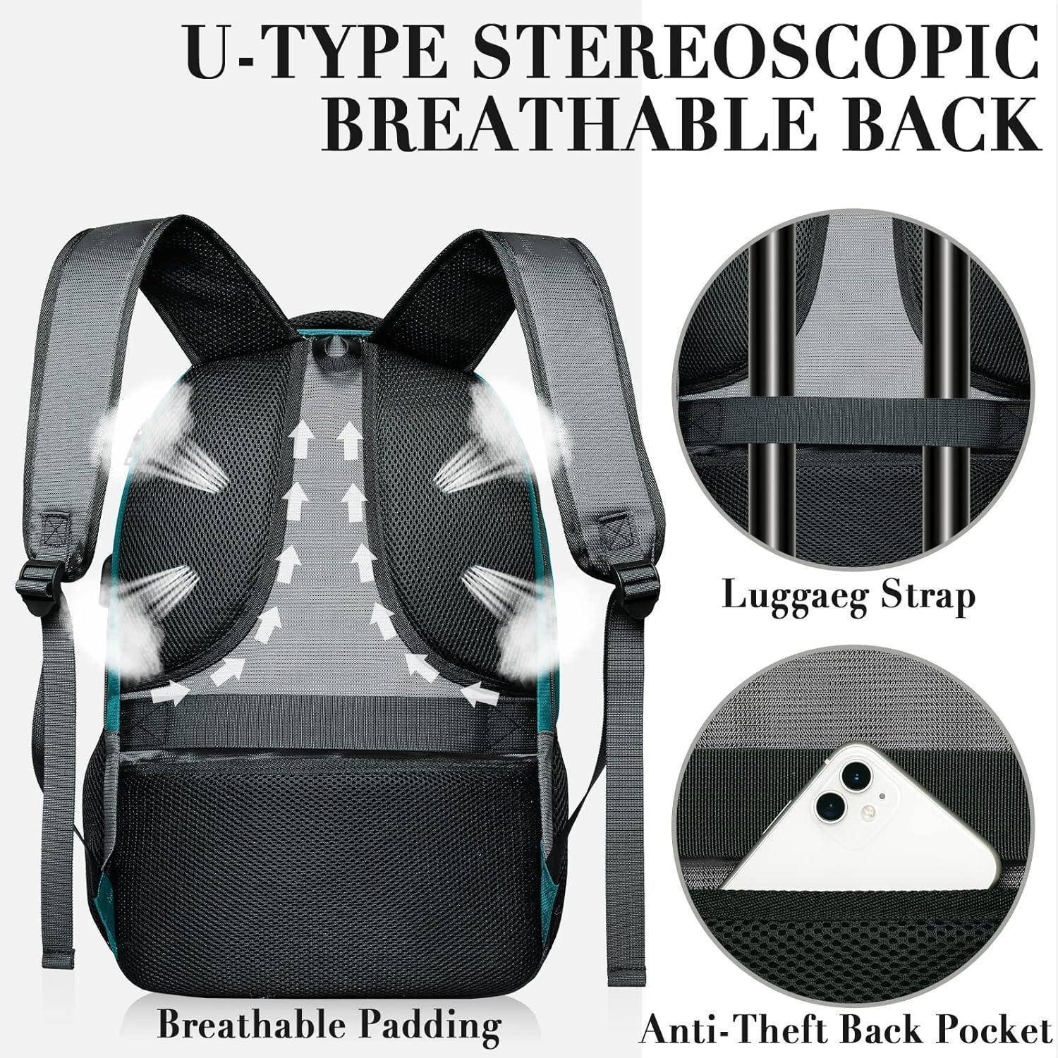 Rucksack mit 'U-Typ stereoskopischer atmungsaktiver Rückseite', mit atmungsaktiver Polsterung, diebstahlsicherer Rückentasche und Gepäckgurt.