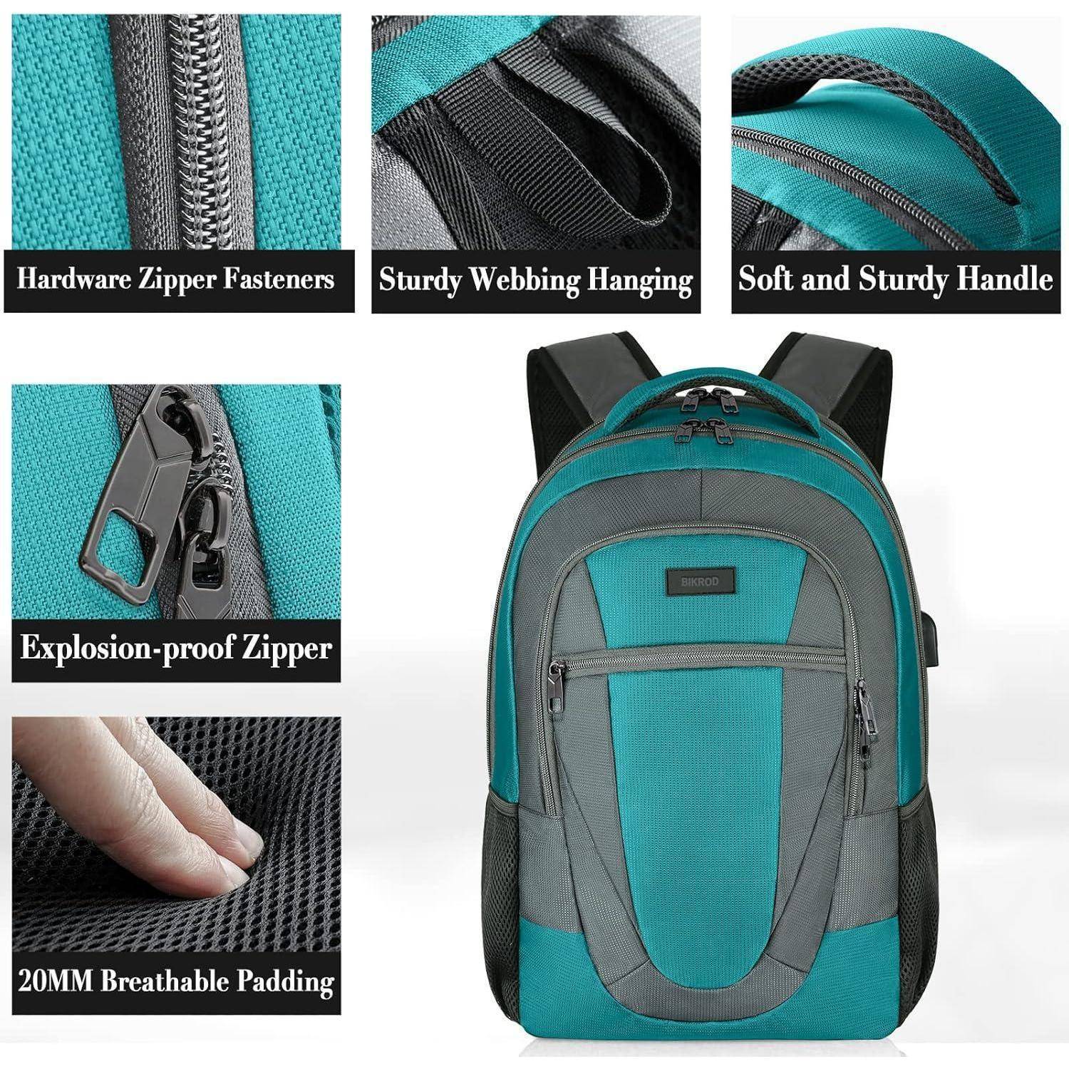 Ein türkisfarbener und grauer Rucksack mit explosionssicherer Reißverschluss, robuster Gurtung, weichem Griff und 20 mm atmungsaktiver Polsterung.