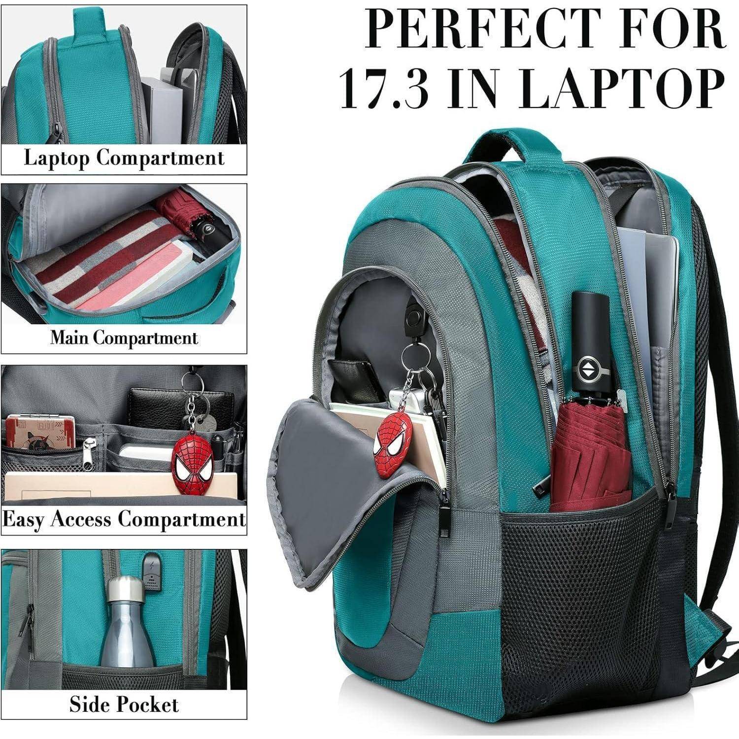 Türkisfarbener und grauer Rucksack mit Laptopfach, Hauptfach mit Organizer, leicht zugänglicher Vordertasche und Seitentasche. Geeignet für Laptops bis zu 17,3 Zoll.