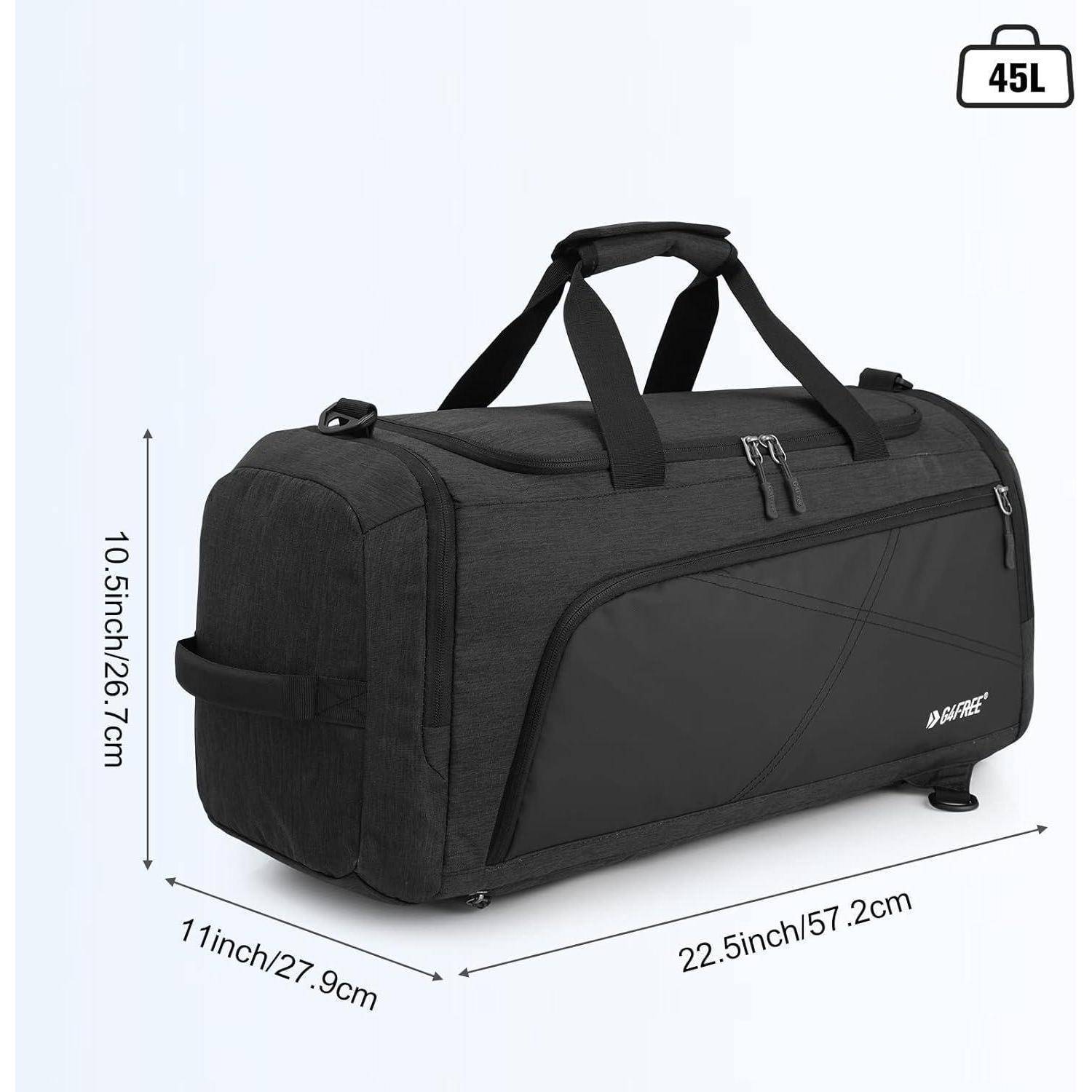 Schwarze Sporttasche aus Stoff mit Maßen von 22,5 x 11 x 10,5 Zoll (57,2 x 27,9 x 26,7 cm). Volumen mit 45 Litern angegeben.