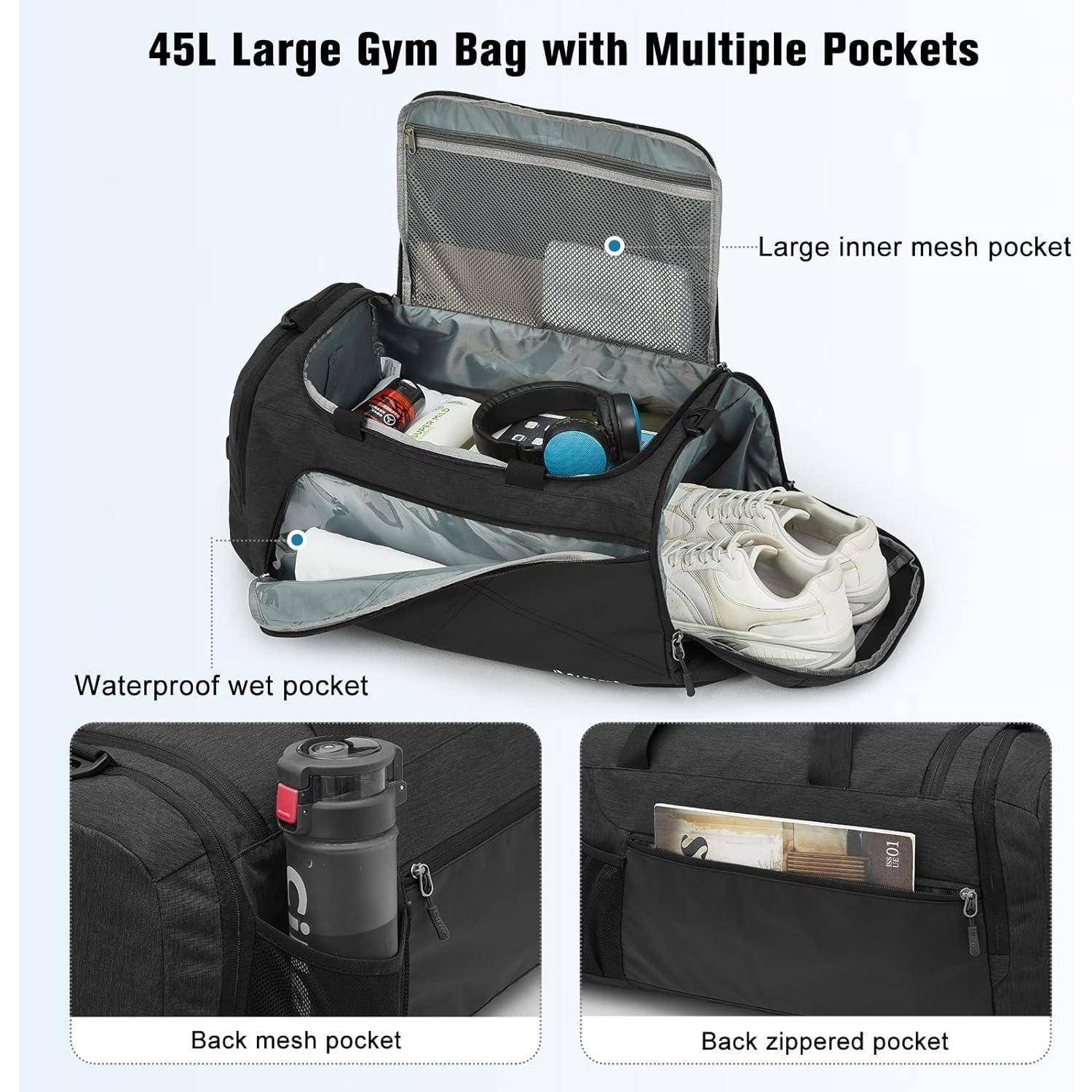 Sporttasche mit mehreren Taschen, geöffnet und präsentiert Schuhe, Handtuch und Toilettenartikel. Ausgestattet mit wasserdichtem Material, Netzrücken und Reißverschlusstaschen.