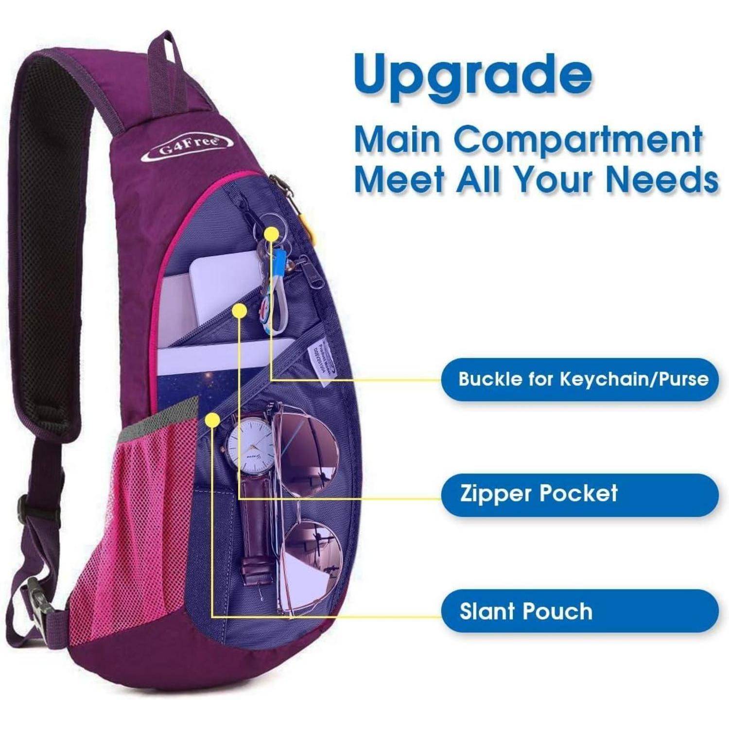 Rucksack mit Upgrade-Funktionen, einschließlich Schnalle für Schlüsselanhänger oder Handtasche, Reißverschlusstasche und schräger Tasche, gezeigt mit Zubehör.