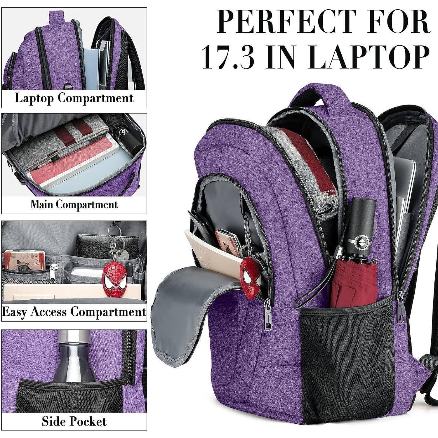 Lila Rucksack mit beschrifteten Fächern: 'Laptopfach', 'Hauptfach', 'Schnellzugriffsfach' und 'Seitentasche', geeignet für Laptops bis 17,3 Zoll.