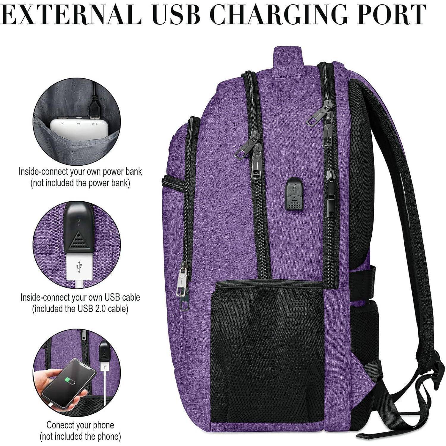 Lila Rucksack mit externem USB-Ladeanschluss. Enthält Anleitung zum Anschluss einer Powerbank im Inneren über USB-Kabel und zum Verbinden eines Telefons von außen.