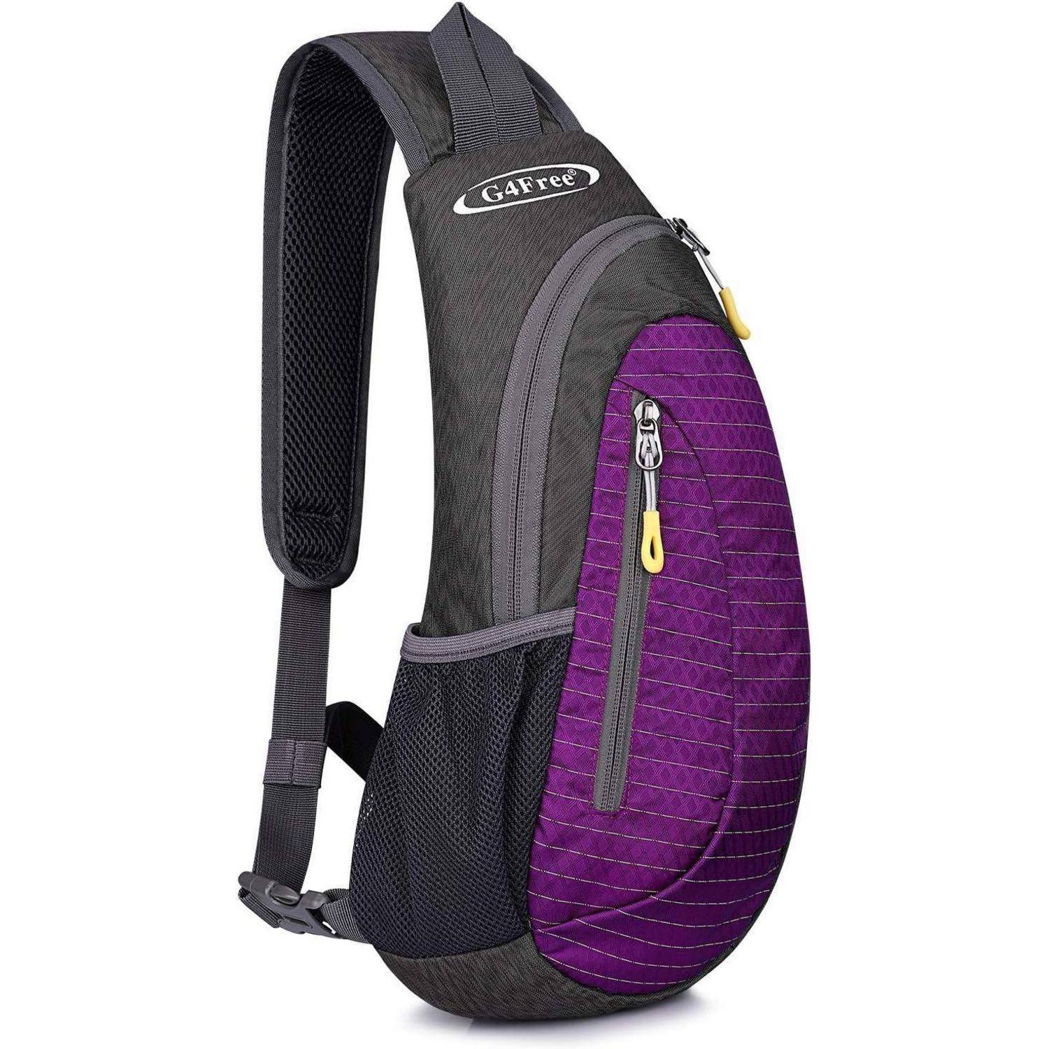 Eine elegante graue und lila Schultertasche, die für Komfort konzipiert ist und eine Reißverschlusstasche vorne sowie einen atmungsaktiven Träger aufweist.