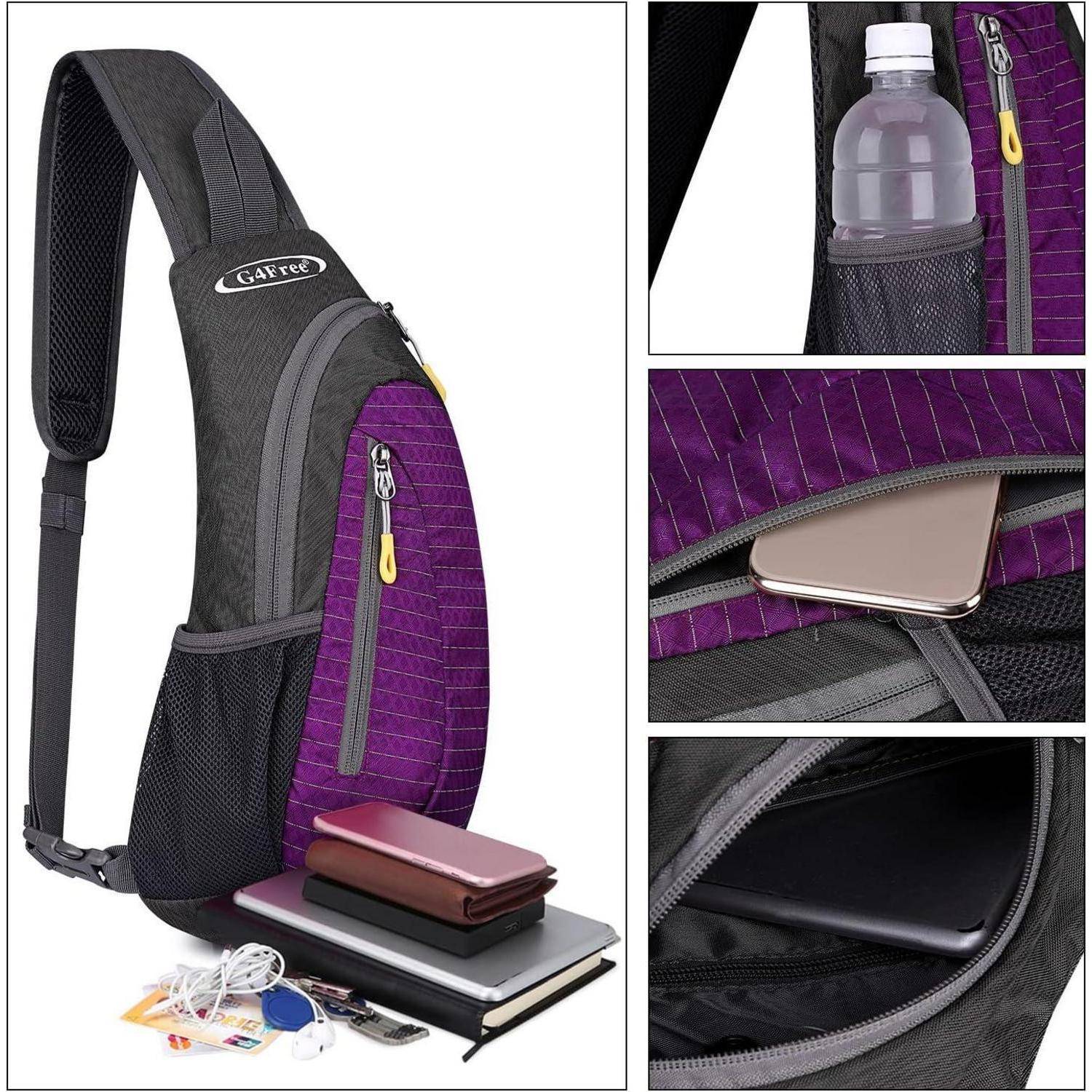 Ein Umhänge-Sling-Rucksack mit mehreren Taschen. Zu den Funktionen gehören eine Reißverschlusstasche vorne, ein Mesh-Flaschenhalter, ein Fach für Geräte und ein Notizbuchteil. Schwarzes und lila Design mit einem gelben Reißverschlussgriff.