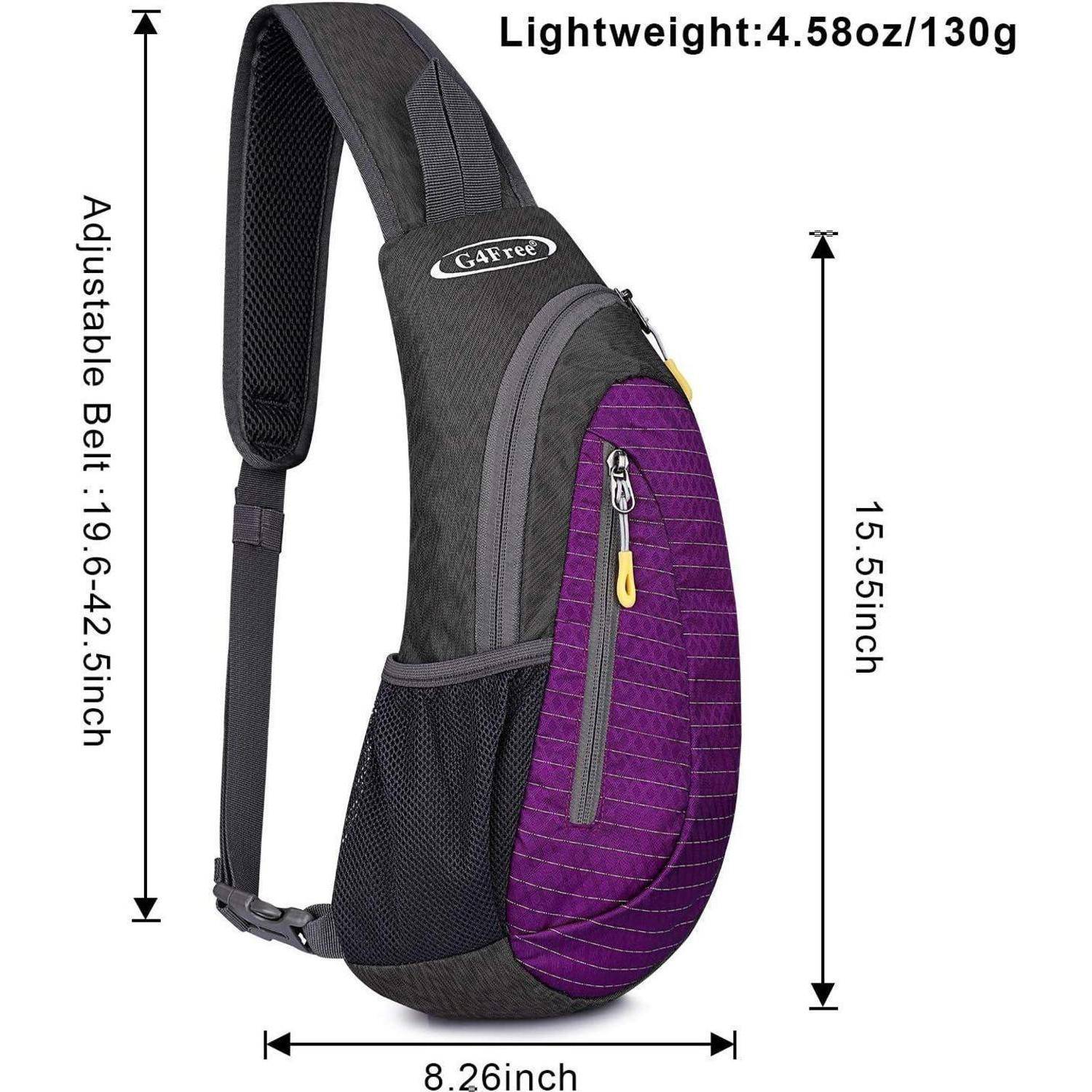 Ein schwarzer und lila Schulterrucksack mit den Maßen: 15,5 Zoll hoch, 8,26 Zoll breit, verstellbarer Gurt (19,6-42,5 Zoll), Gewicht 4,58 Unzen.