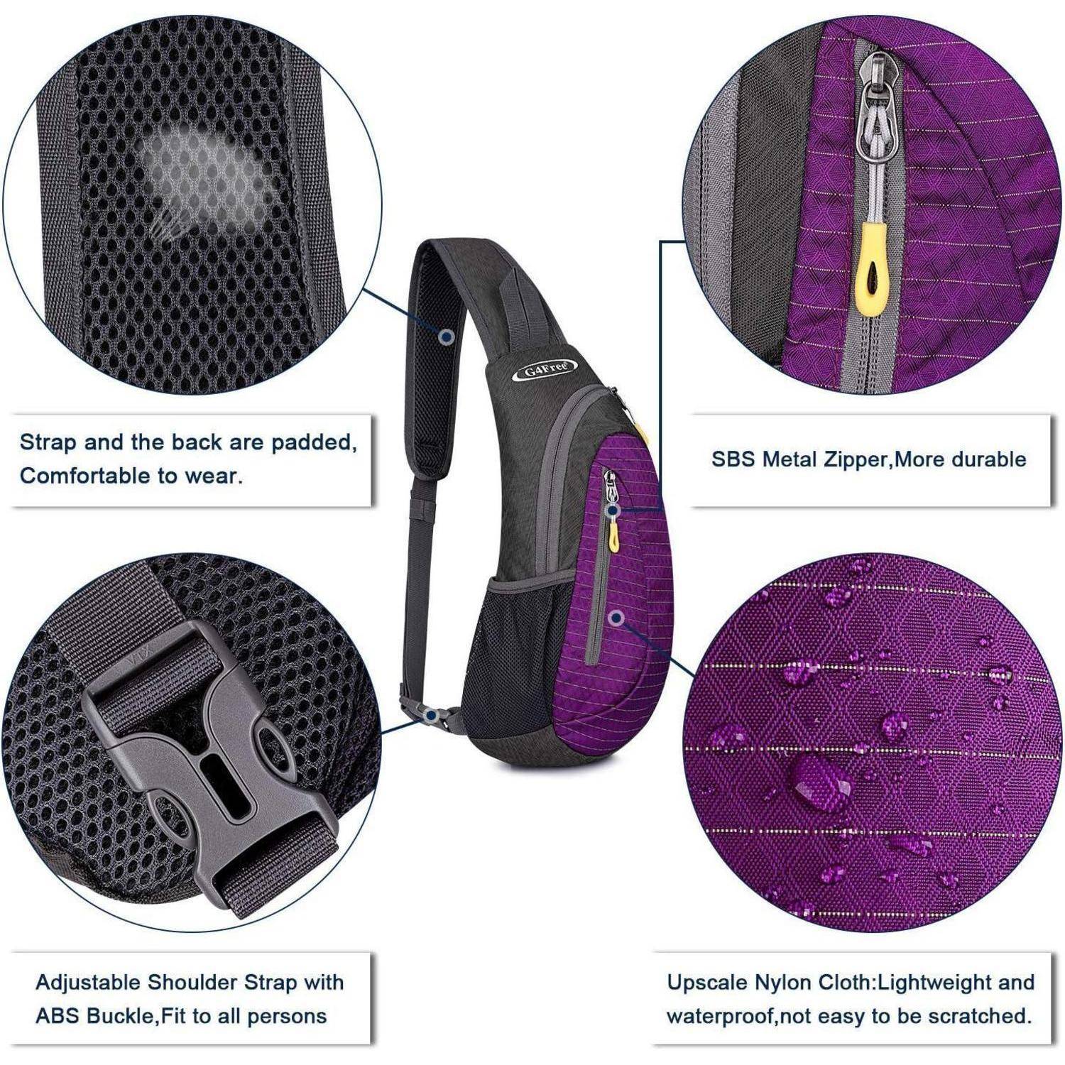 Sling-Bag-Merkmale: gepolsterter Riemen/Rücken, robuster SBS-Metallreißverschluss, verstellbarer Schultergurt mit ABS-Schnalle, wasserdichter Nylonstoff.