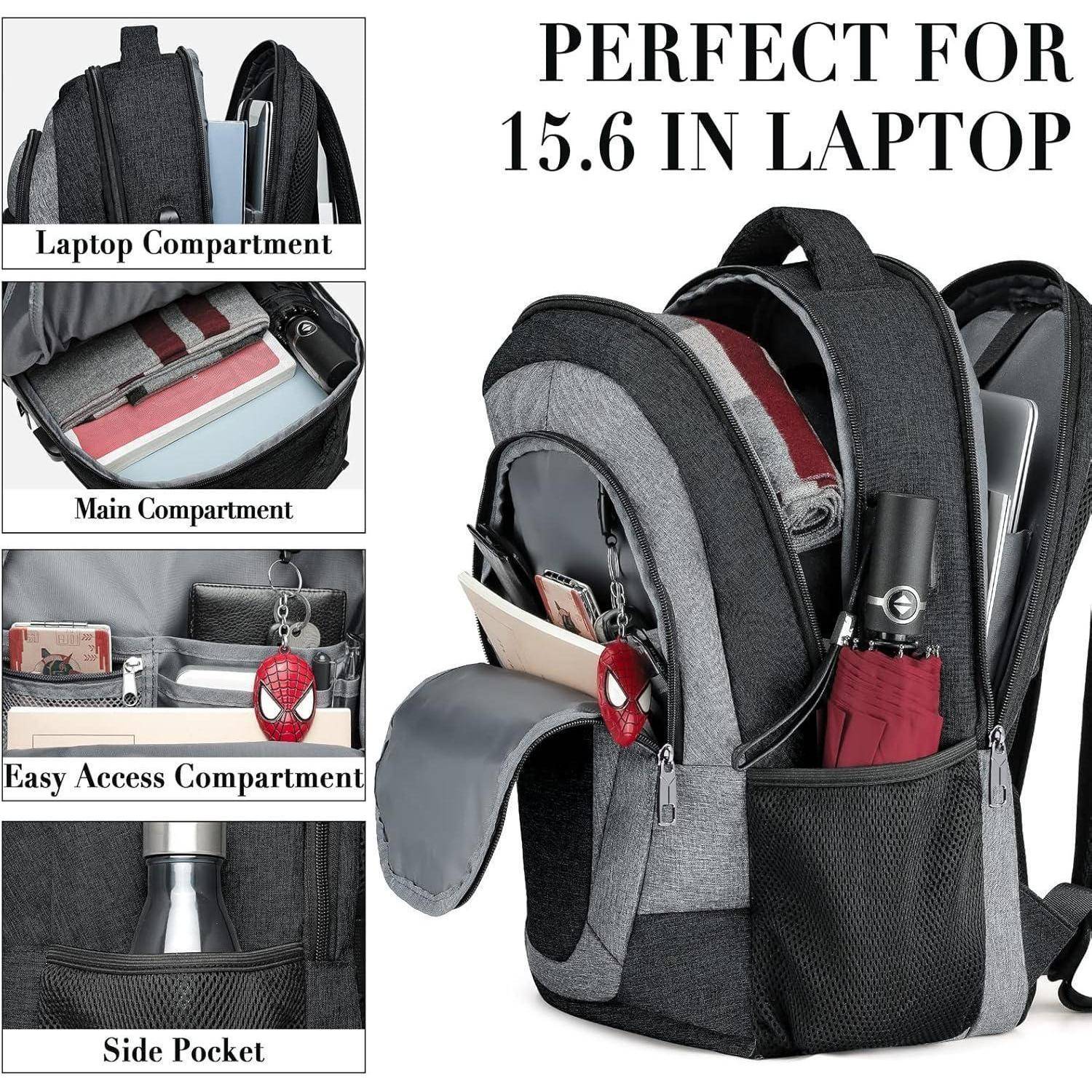 Rucksack mit beschrifteten Funktionen: 'Laptopfach', 'Hauptfach', 'Schnellzugriffsfach', 'Seitentasche'. Text: 'Perfekt für Laptop bis 15,6 Zoll'.
