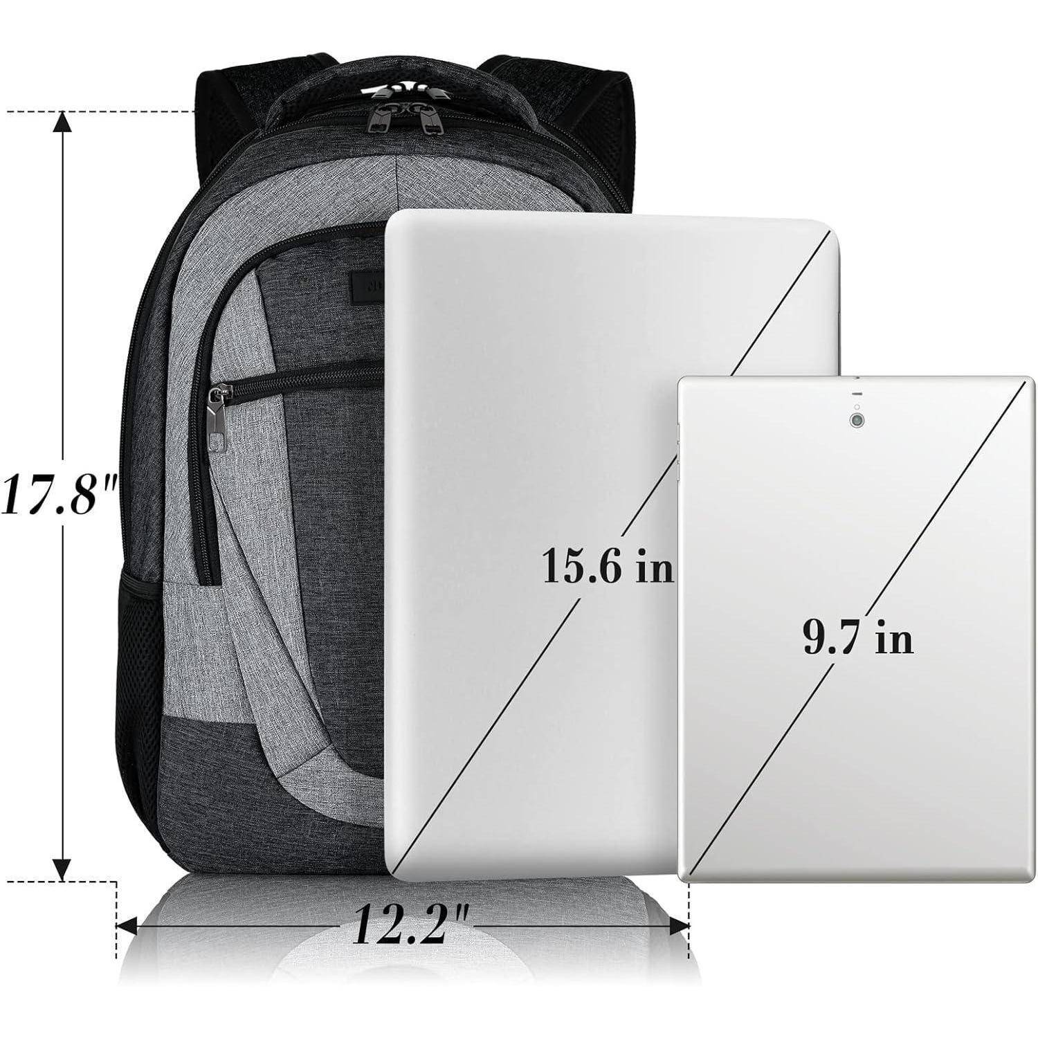 Grauer und schwarzer Rucksack dargestellt mit Maßen: 17,8 Zoll hoch, 12,2 Zoll breit. Laptop ebenfalls gezeigt mit 15,6 Zoll, Tablet mit 9,7 Zoll.
