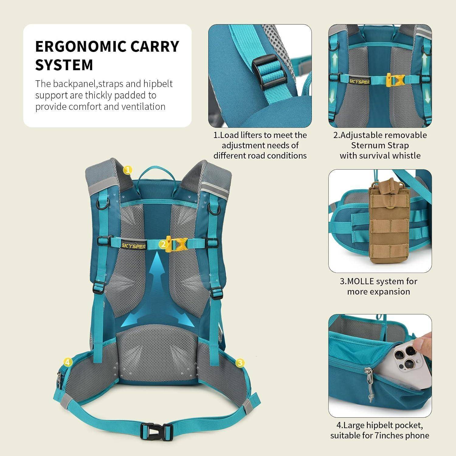 Ein blauer ergonomischer Rucksack mit gepolsterten Trägern, verstellbarem Brustgurt, MOLLE-System, Survival-Pfeife und Fach für ein 7-Zoll-Smartphone.