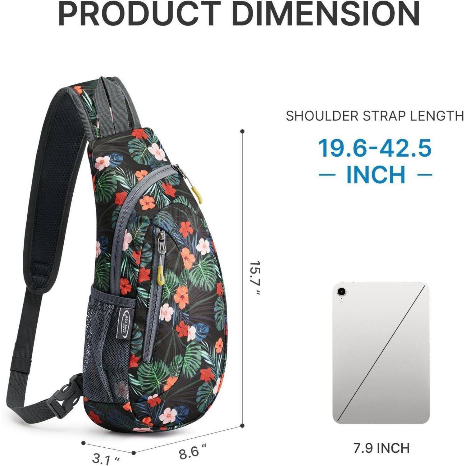 Ein schwarzer Sling-Rucksack mit tropischem Blumenmuster, Netzseiten-Tasche und mehreren Fächern, der neben einem Tablet zur Größenvergleichung platziert ist.