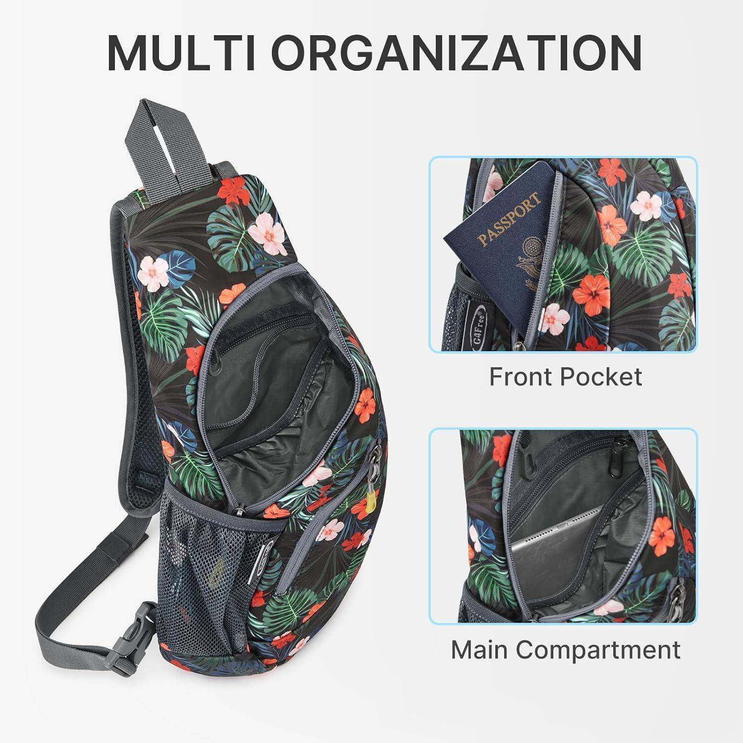 Blumengemusterte Umhängetasche mit 'Multi Organization' Etikett, die eine Vordertasche mit einem Reisepass und das Hauptfach mit verschiedenen Gegenständen zeigt.