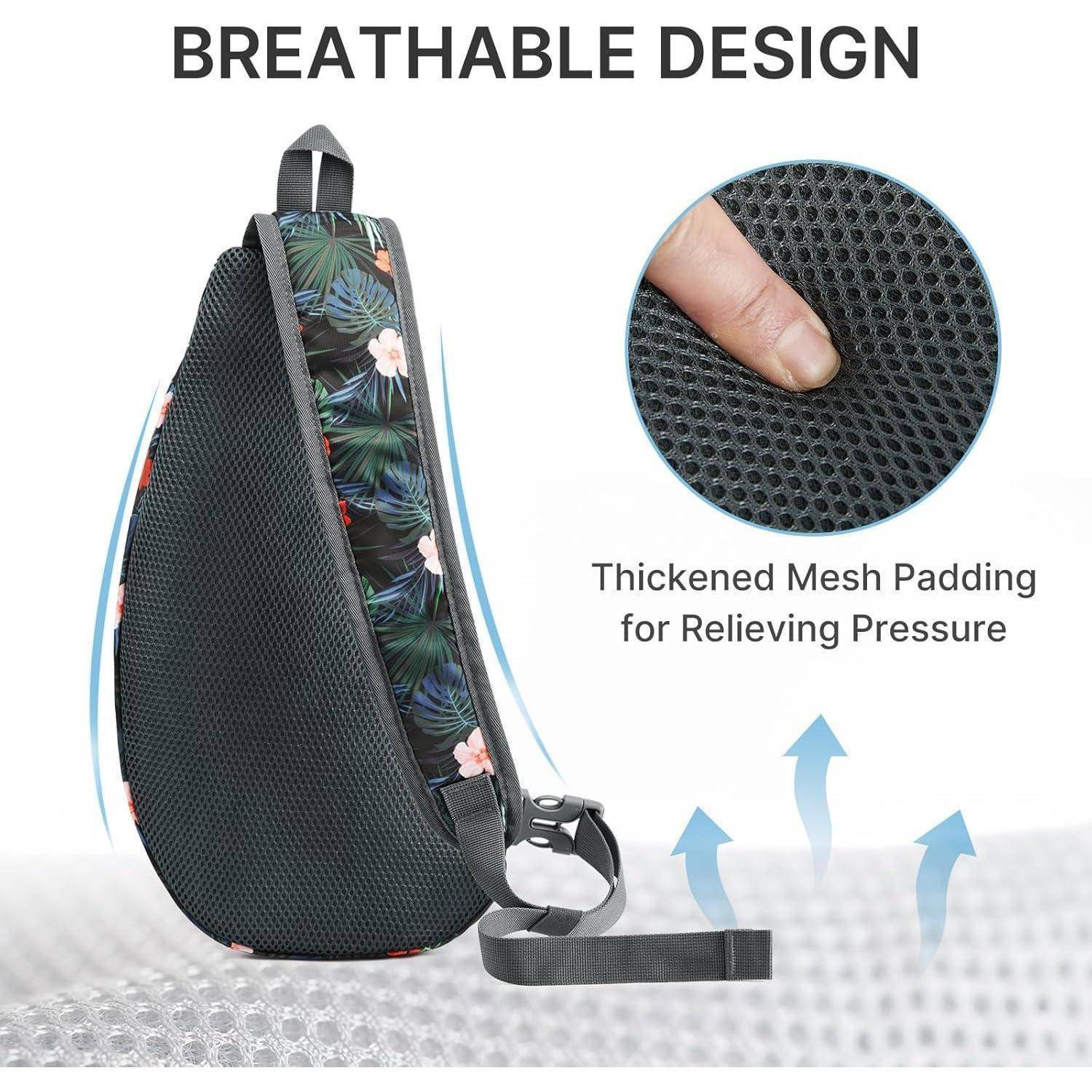 Umhängetasche mit Blumenmuster und verstärkter Netzpolsterung. Text liest sich 