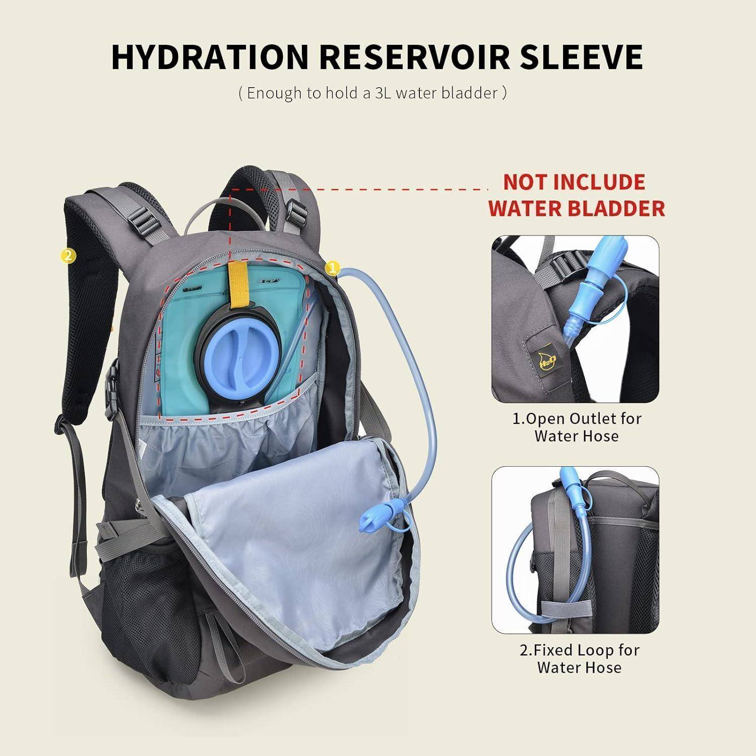 Rucksack mit einem Hydratationsreservoir-Fach, das einen 3L-Wasserbeutel aufnehmen kann. Zu den Funktionen gehören ein Auslass für einen Wasserschlauch und eine Schlaufe zu dessen Befestigung. Hinweis: Wasserbeutel nicht im Lieferumfang enthalten.